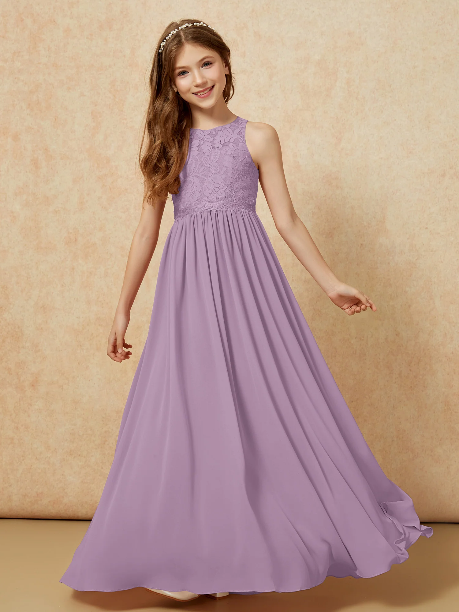 Sleeveless Lace Chiffon A-line Junior Bridesmaid Dress Wisteria - Image 4
