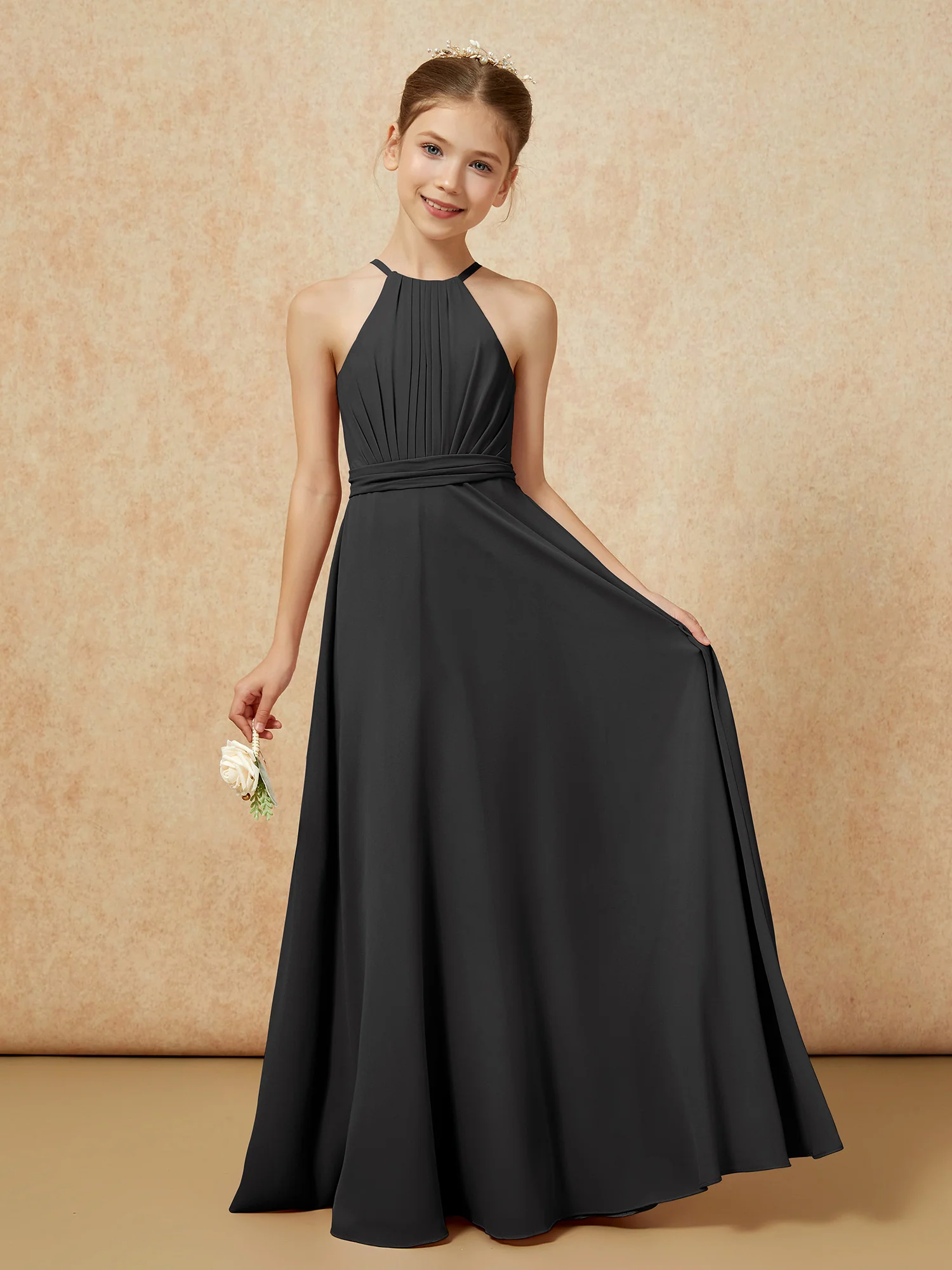 Sleeveless Pleated Long Chiffon Junior Bridesmaid Dress Black