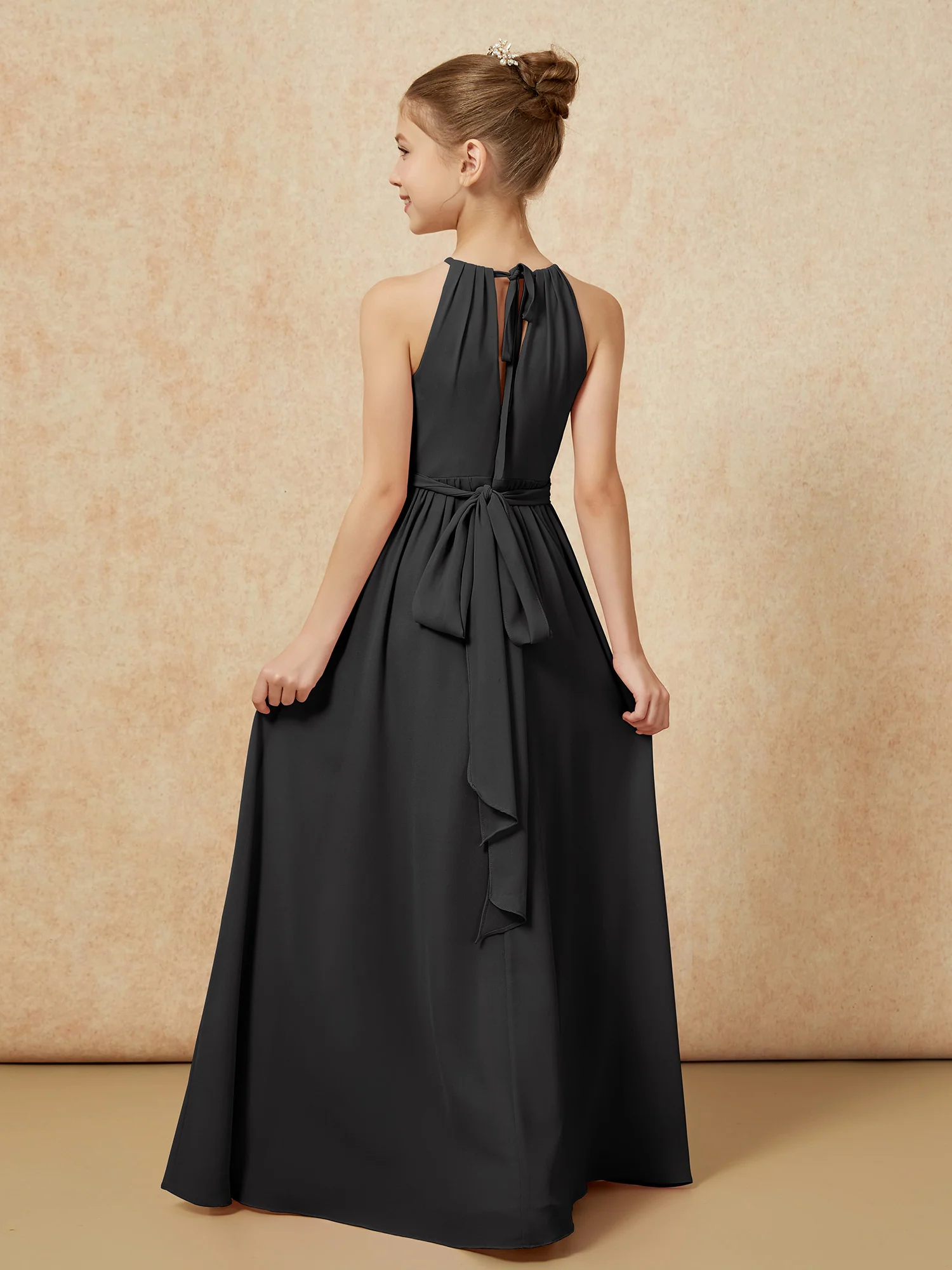 Sleeveless Pleated Long Chiffon Junior Bridesmaid Dress Black - Image 2