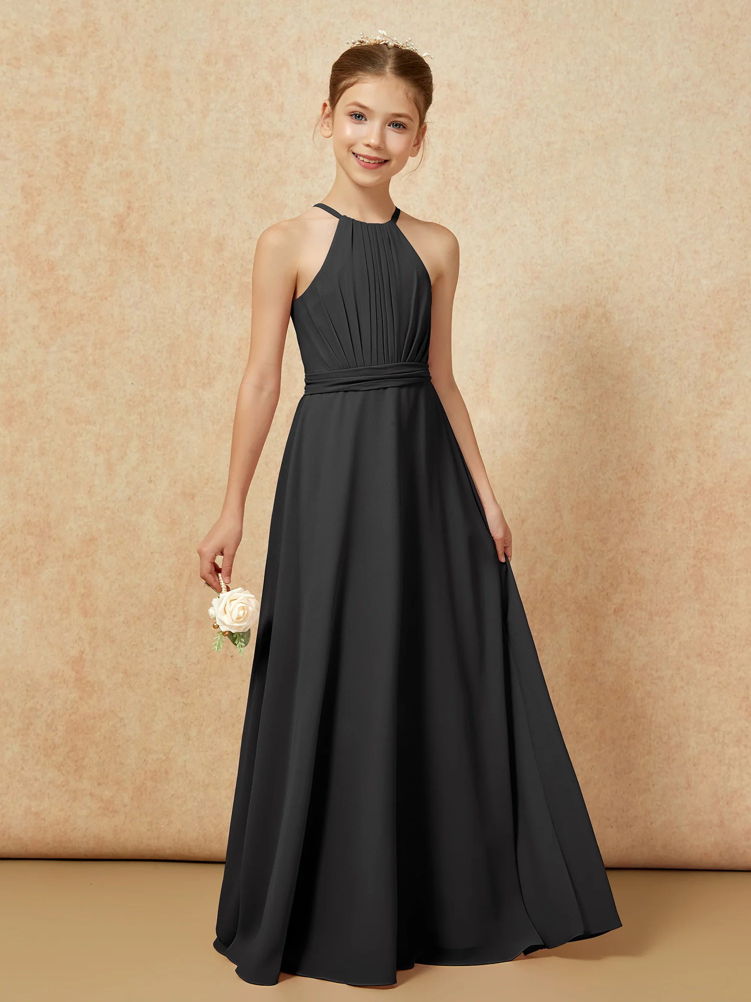 Sleeveless Pleated Long Chiffon Junior Bridesmaid Dress Black - Image 6