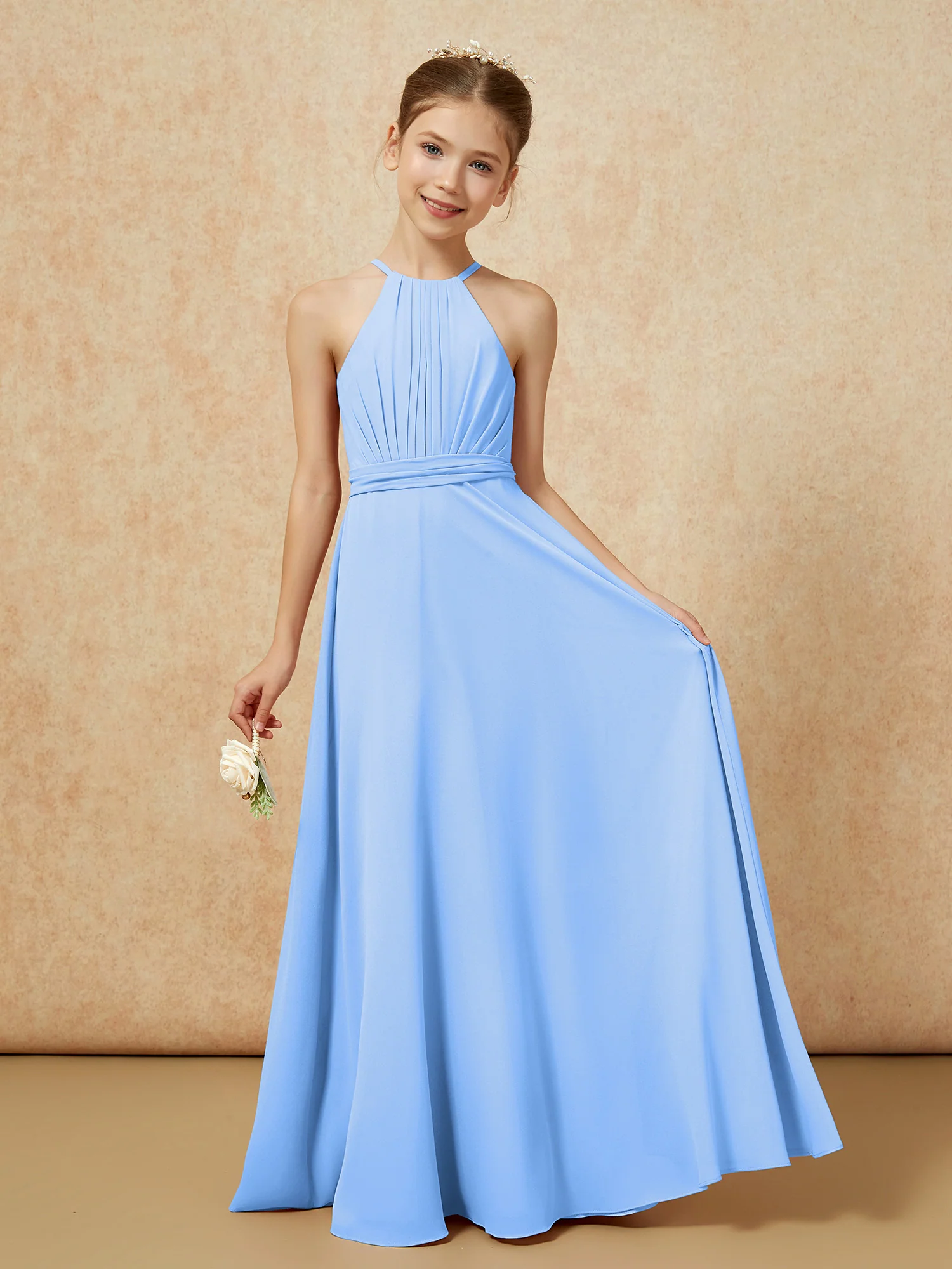 Sleeveless Pleated Long Chiffon Junior Bridesmaid Dress Blue