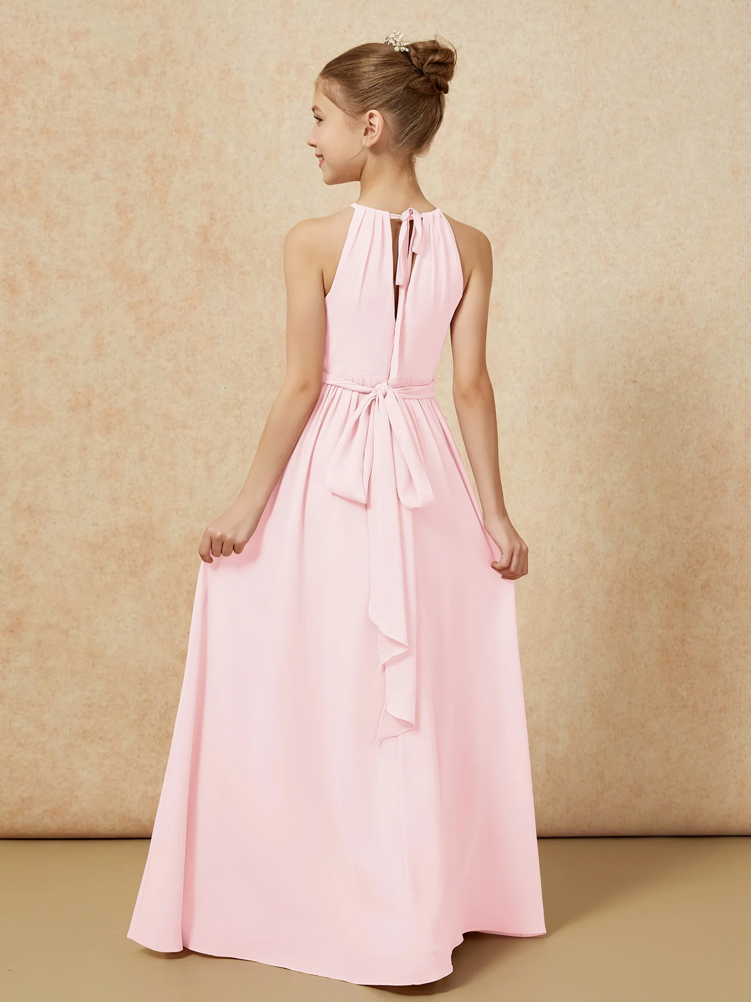 Sleeveless Pleated Long Chiffon Junior Bridesmaid Dress Blushing Pink - Image 2