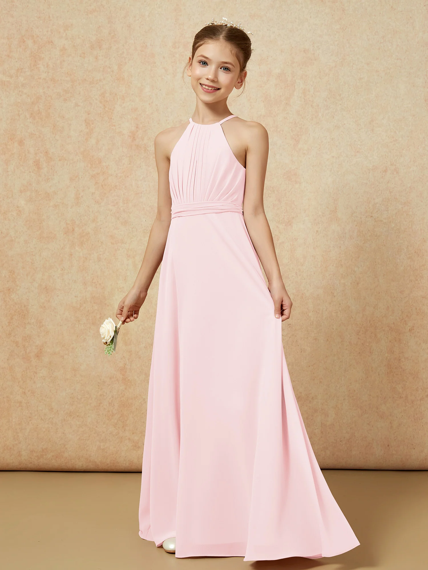 Sleeveless Pleated Long Chiffon Junior Bridesmaid Dress Blushing Pink - Image 3