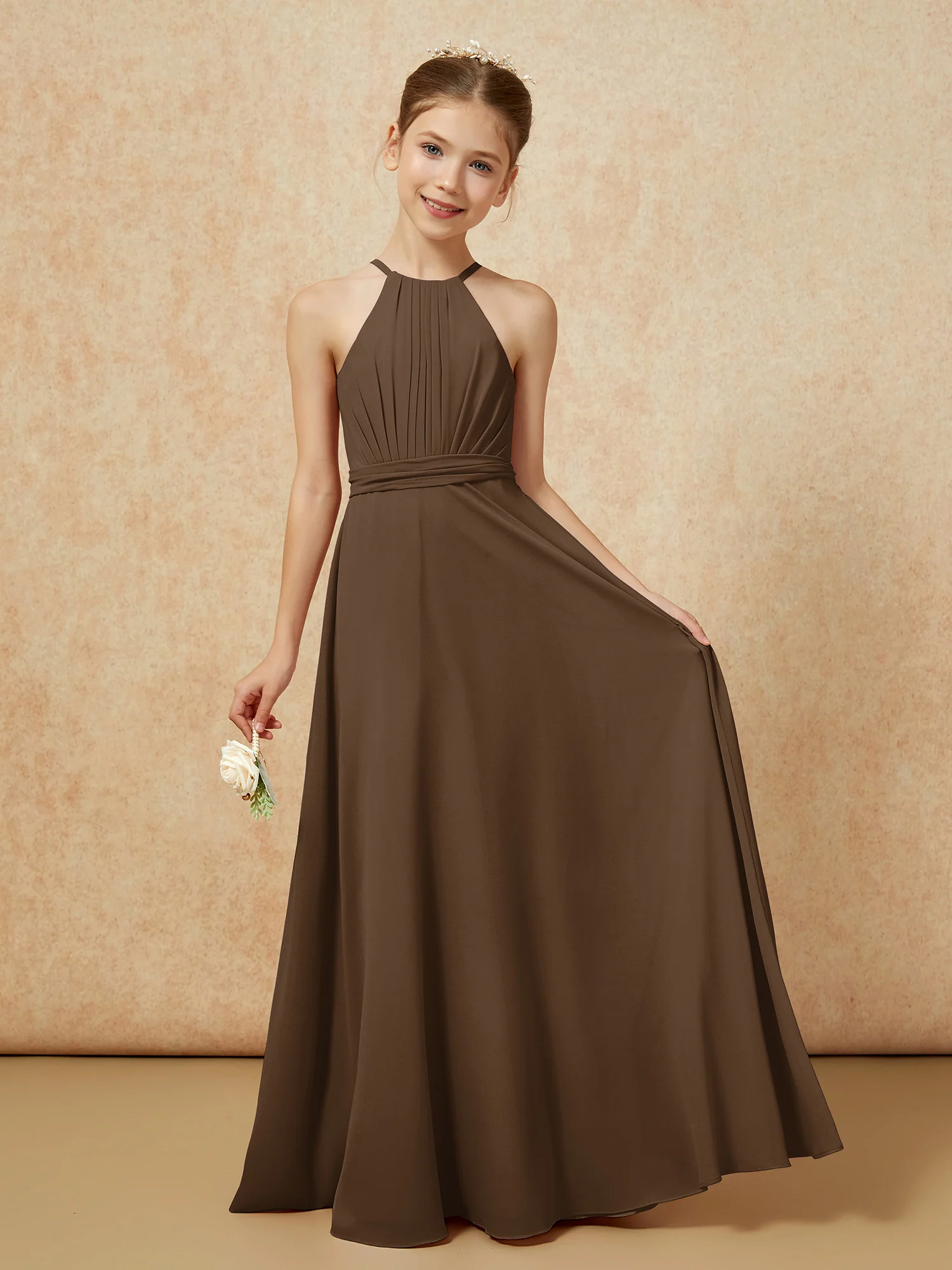 Sleeveless Pleated Long Chiffon Junior Bridesmaid Dress Brown