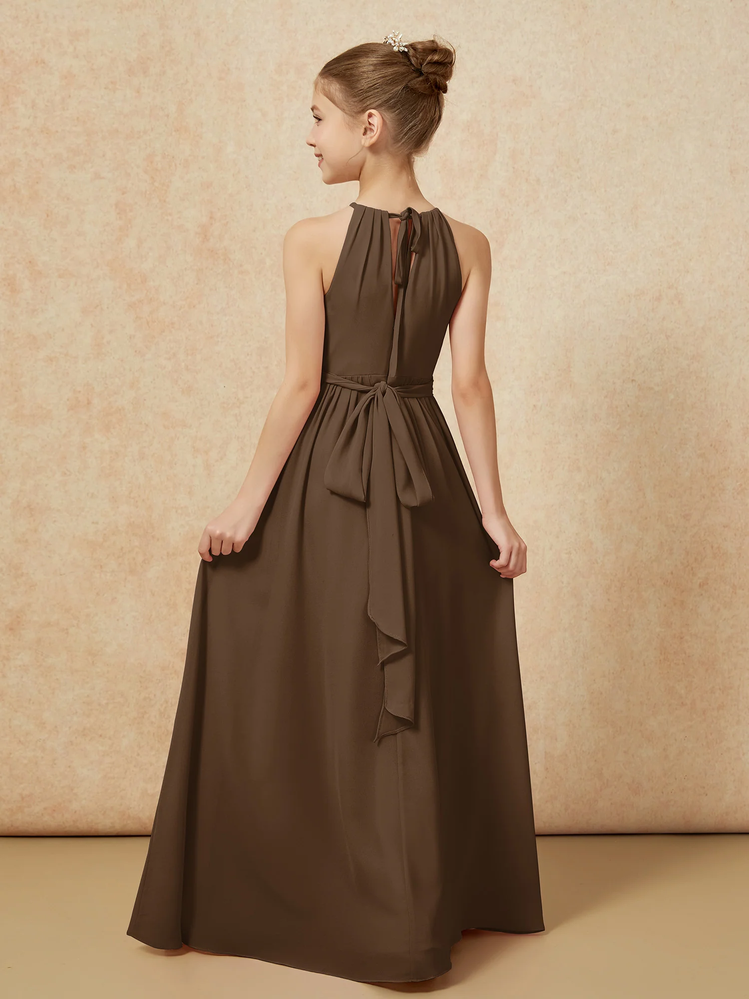 Sleeveless Pleated Long Chiffon Junior Bridesmaid Dress Brown - Image 2