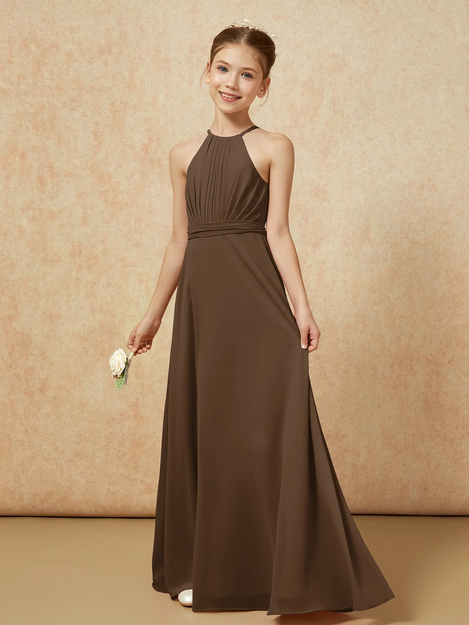 Sleeveless Pleated Long Chiffon Junior Bridesmaid Dress Brown - Image 3