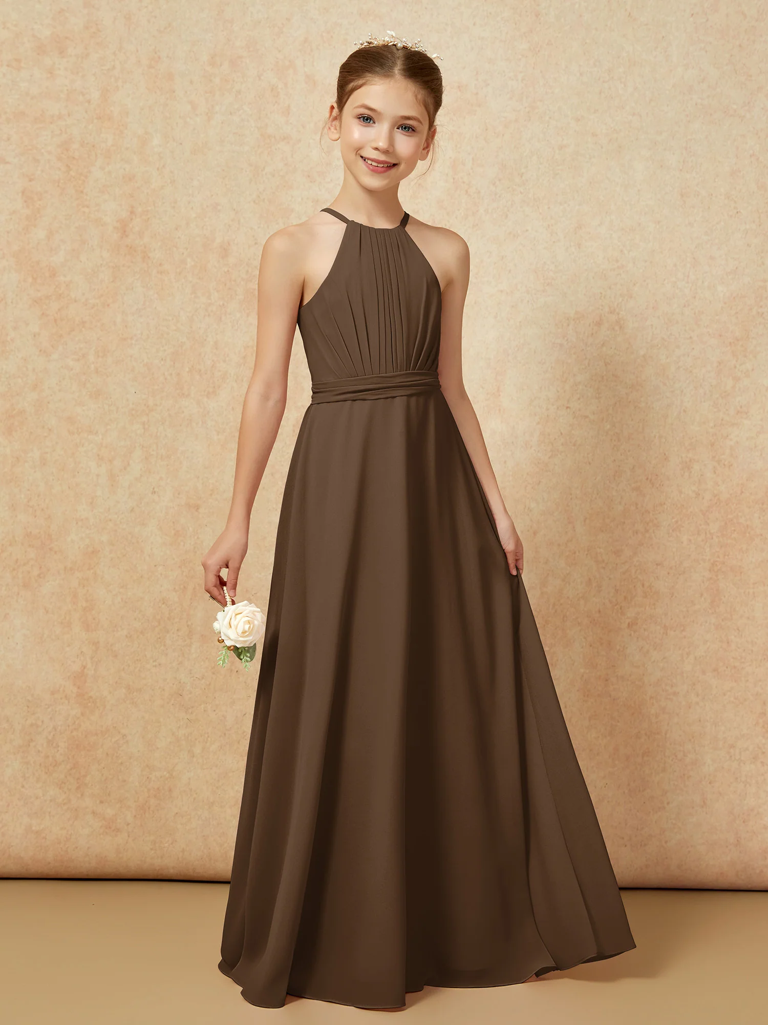 Sleeveless Pleated Long Chiffon Junior Bridesmaid Dress Brown - Image 6