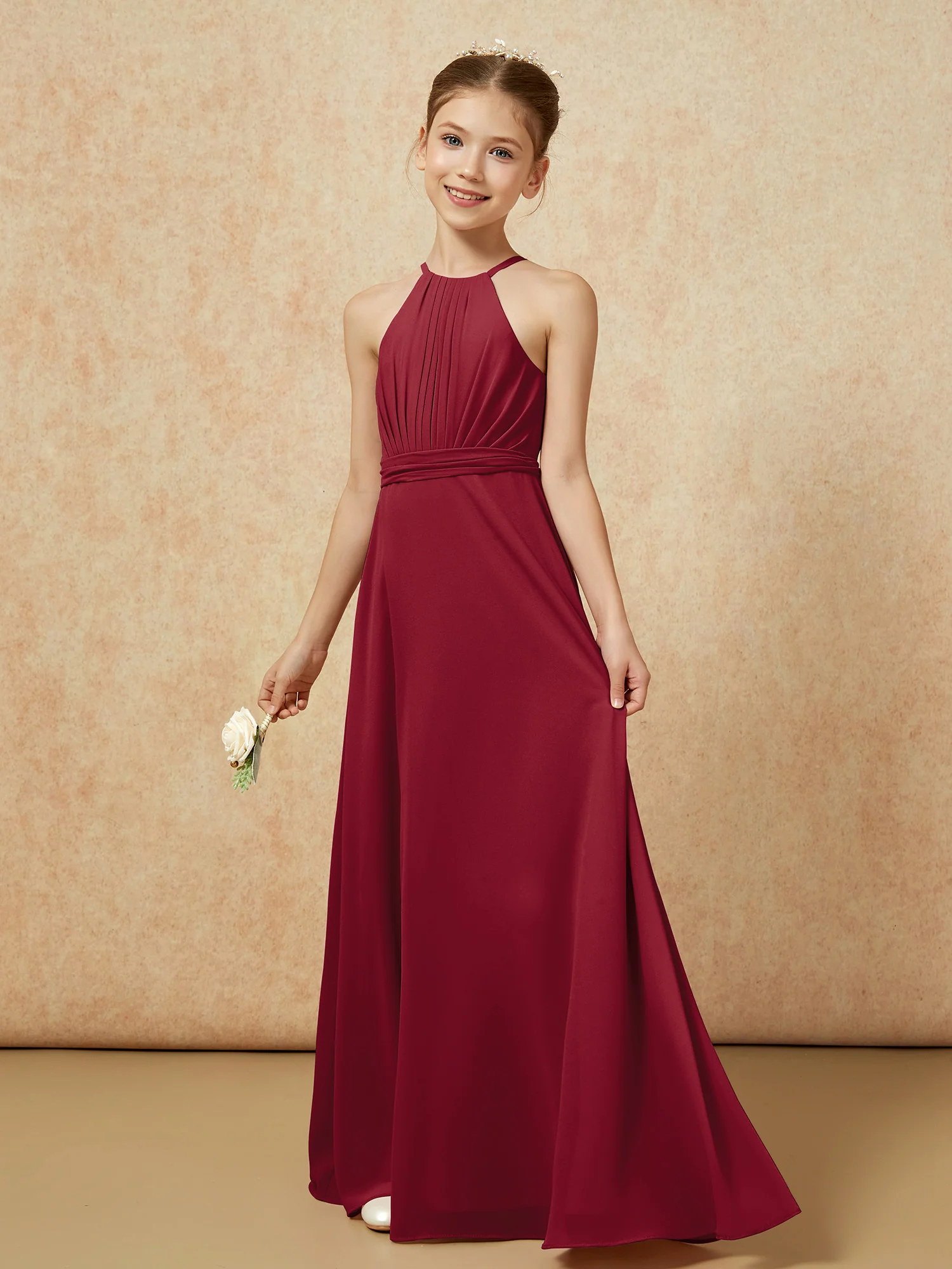 Sleeveless Pleated Long Chiffon Junior Bridesmaid Dress Burgundy - Image 3