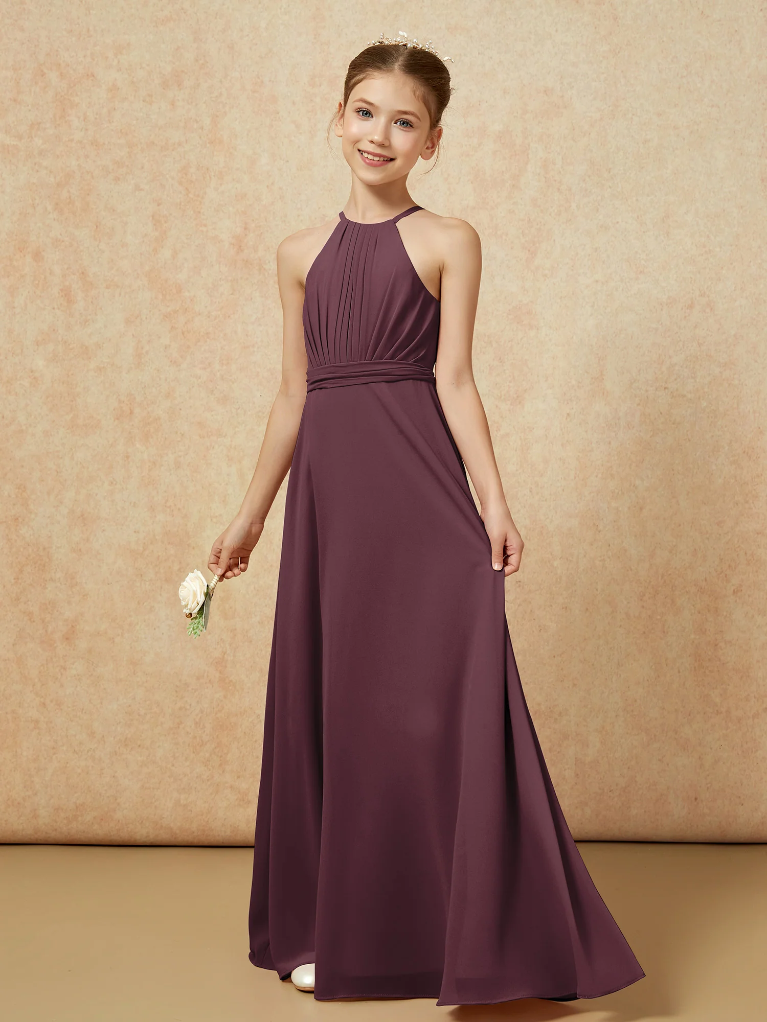 Sleeveless Pleated Long Chiffon Junior Bridesmaid Dress Cabernet - Image 3