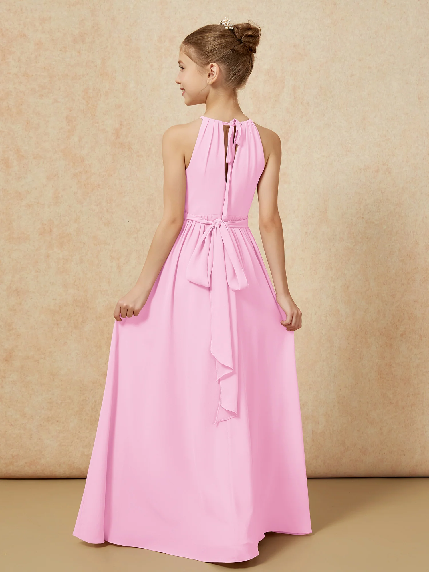 Sleeveless Pleated Long Chiffon Junior Bridesmaid Dress Candy Pink - Image 2