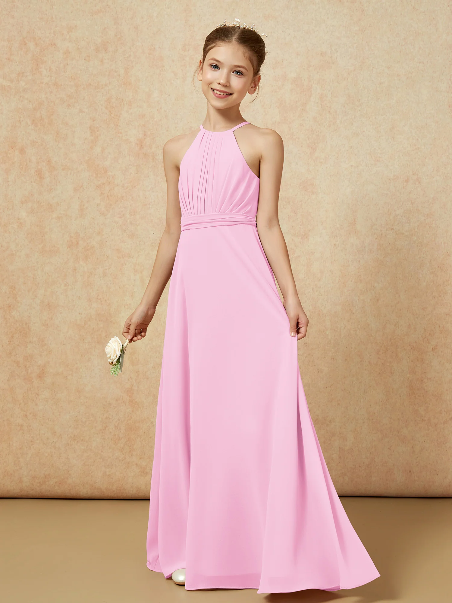 Sleeveless Pleated Long Chiffon Junior Bridesmaid Dress Candy Pink - Image 3