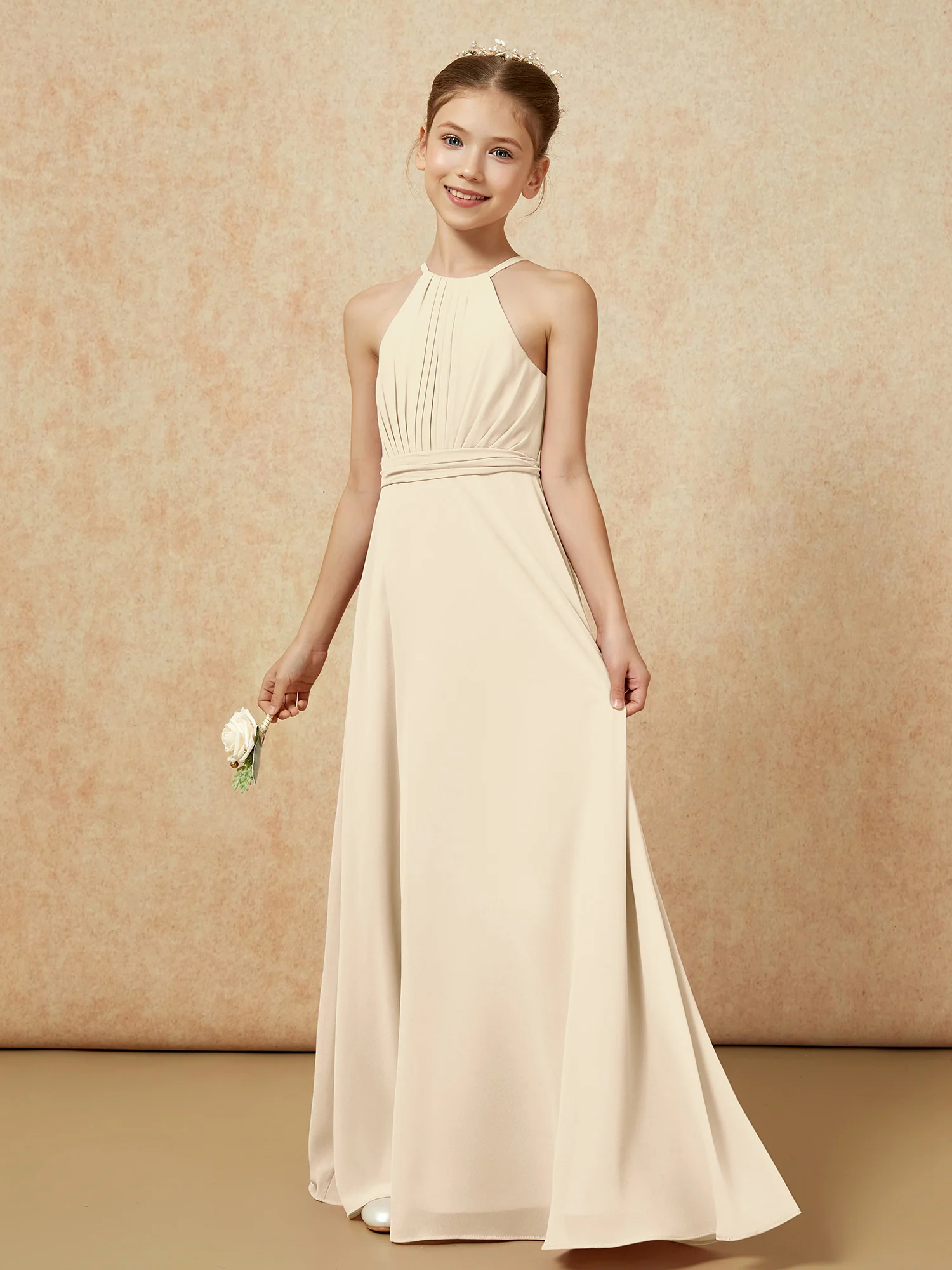 Sleeveless Pleated Long Chiffon Junior Bridesmaid Dress Champagne - Image 3