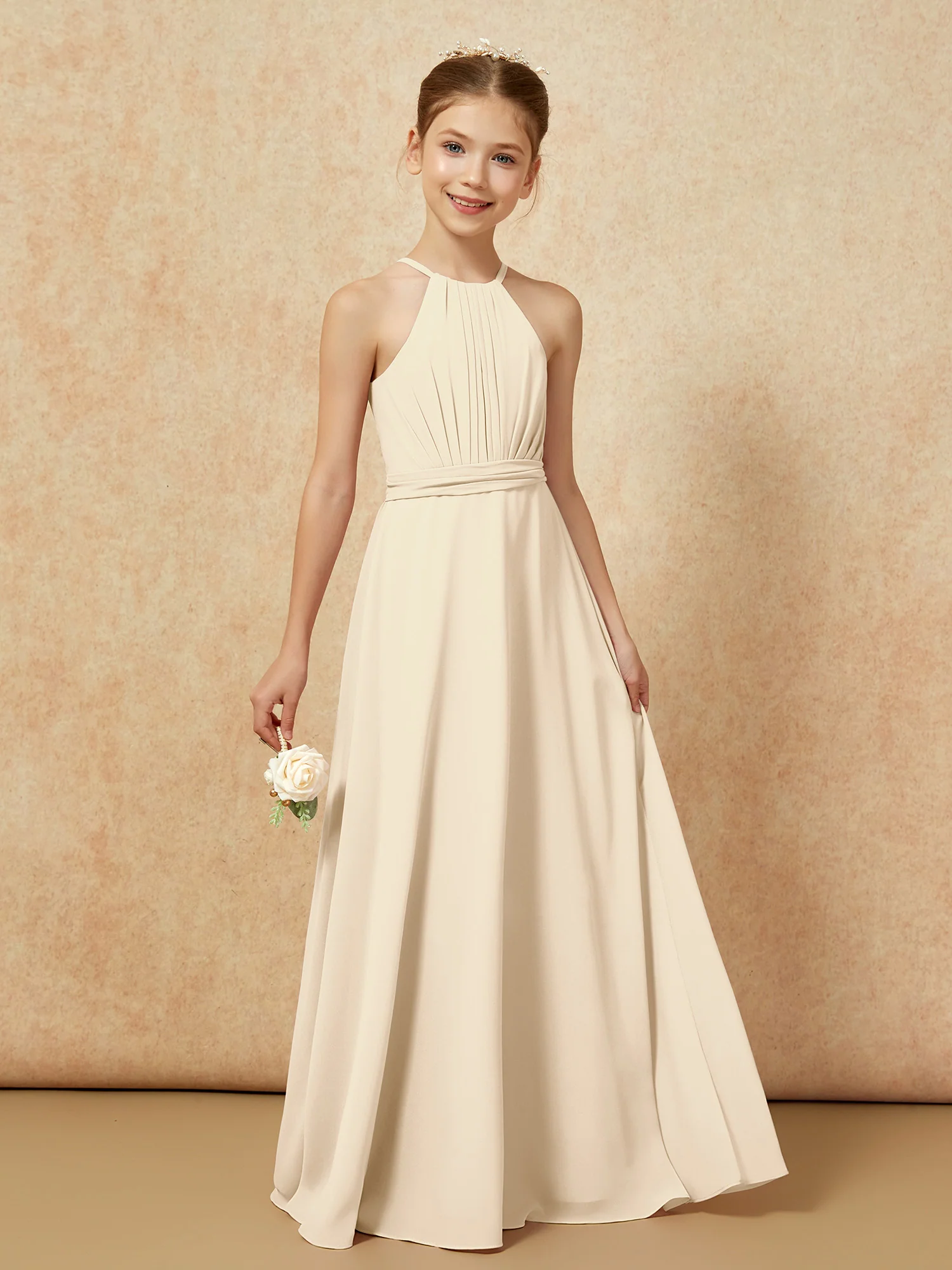Sleeveless Pleated Long Chiffon Junior Bridesmaid Dress Champagne - Image 6