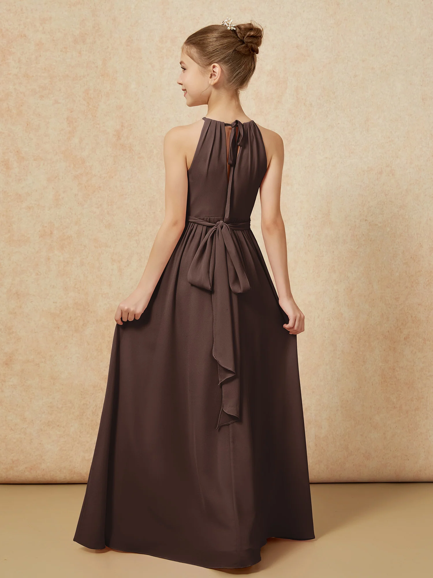 Sleeveless Pleated Long Chiffon Junior Bridesmaid Dress Chocolate - Image 2
