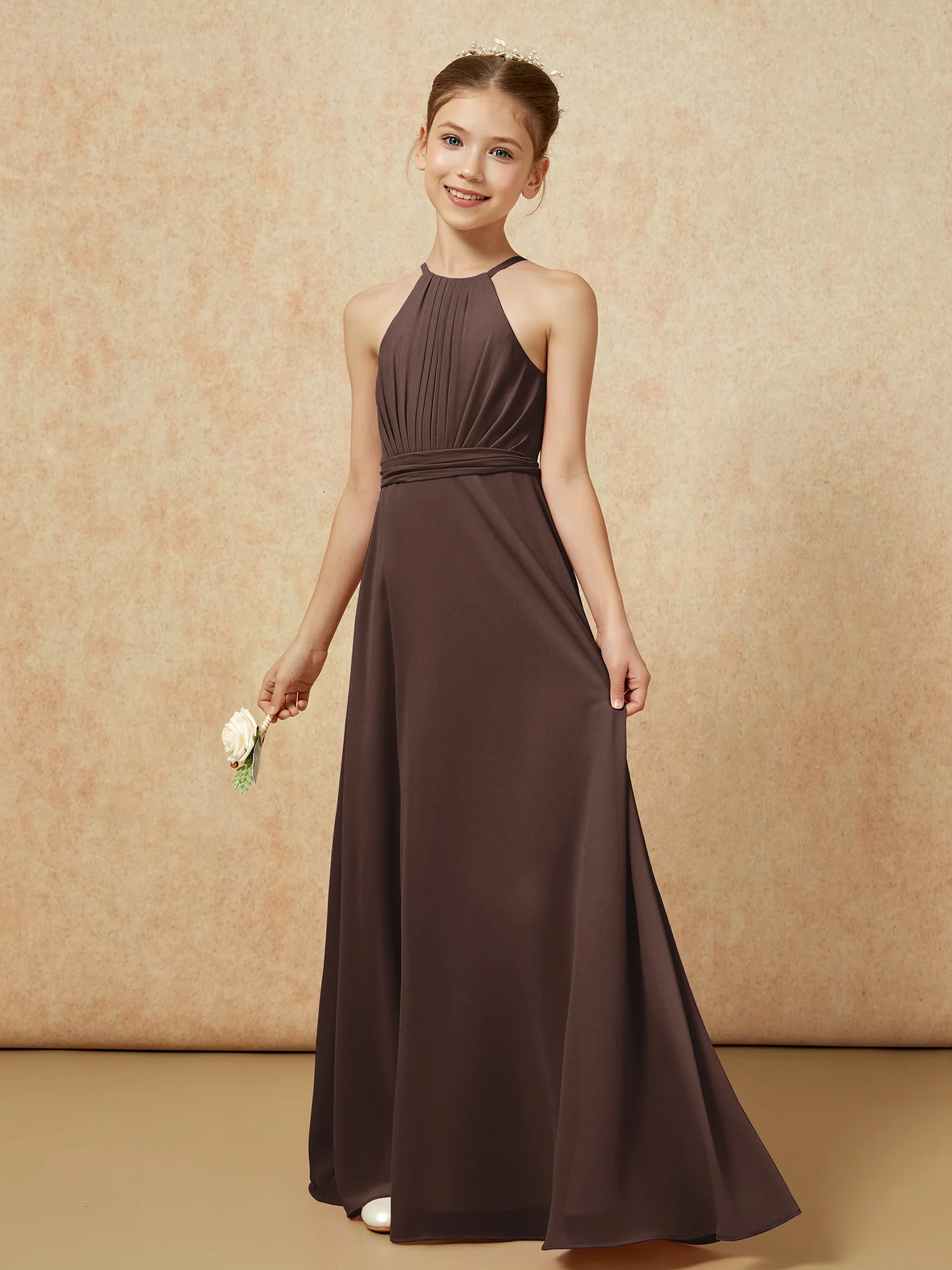 Sleeveless Pleated Long Chiffon Junior Bridesmaid Dress Chocolate - Image 3