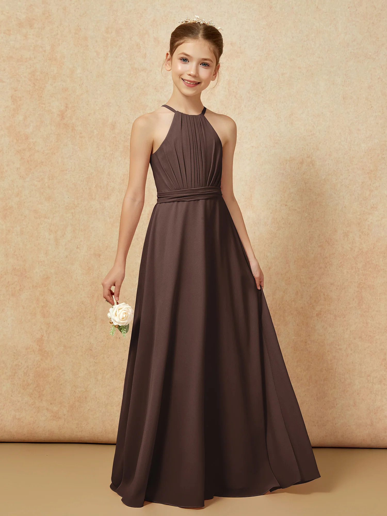 Sleeveless Pleated Long Chiffon Junior Bridesmaid Dress Chocolate - Image 6