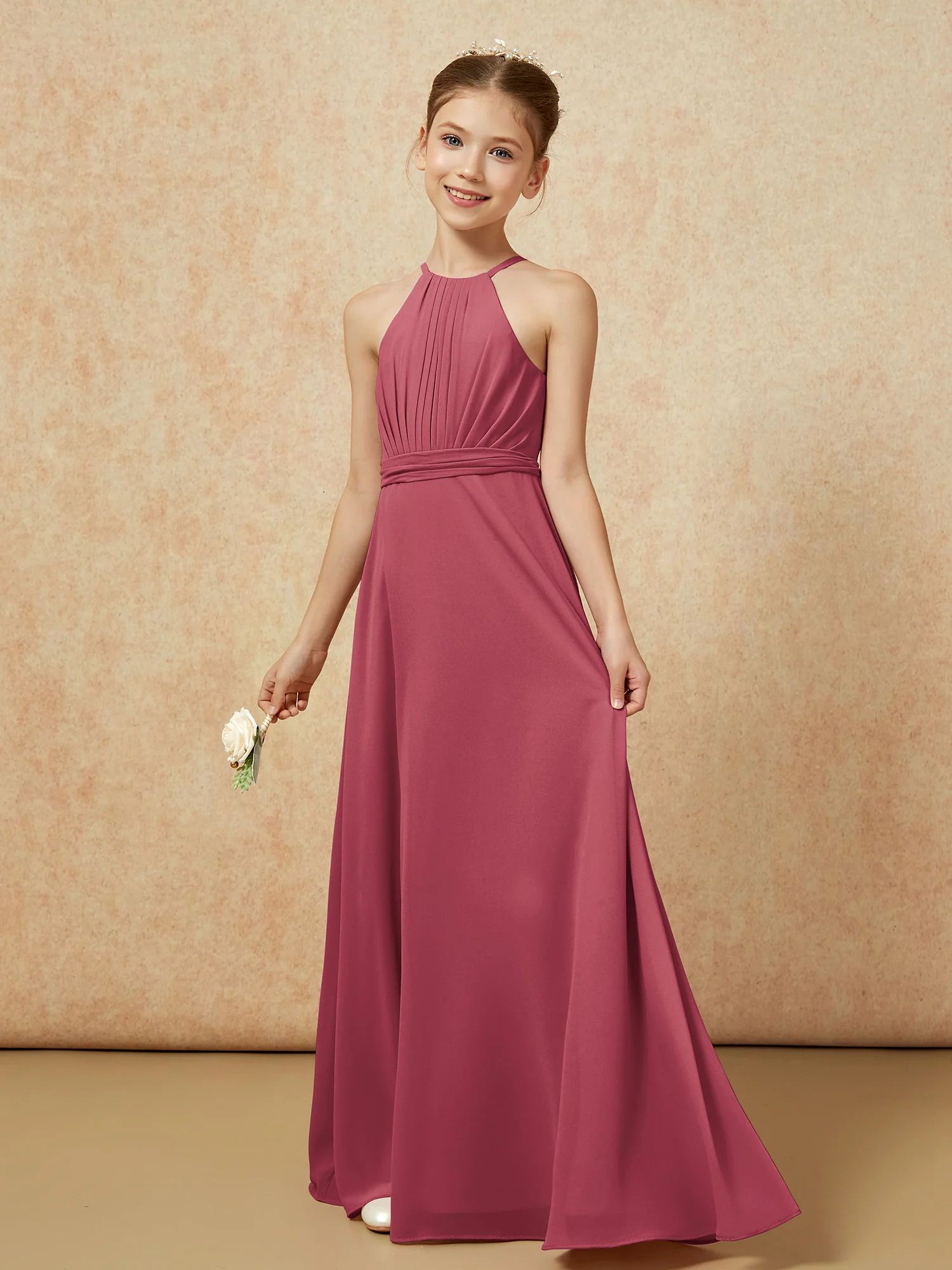 Sleeveless Pleated Long Chiffon Junior Bridesmaid Dress Cinnamon Rose - Image 3