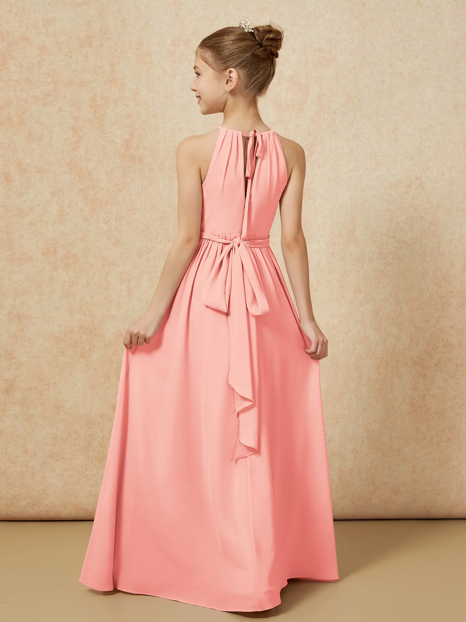 Sleeveless Pleated Long Chiffon Junior Bridesmaid Dress Coral - Image 2