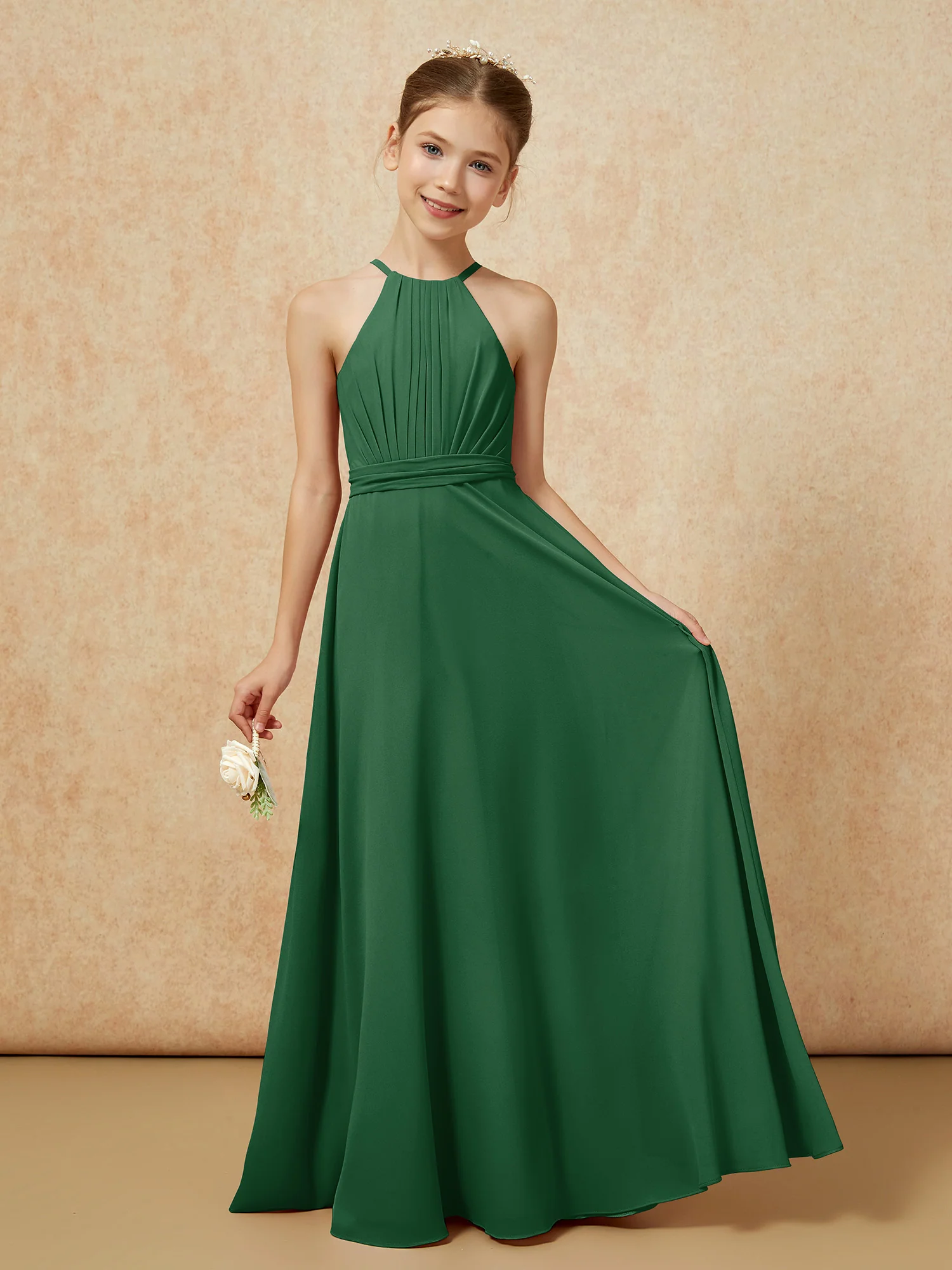 Sleeveless Pleated Long Chiffon Junior Bridesmaid Dress Dark Green