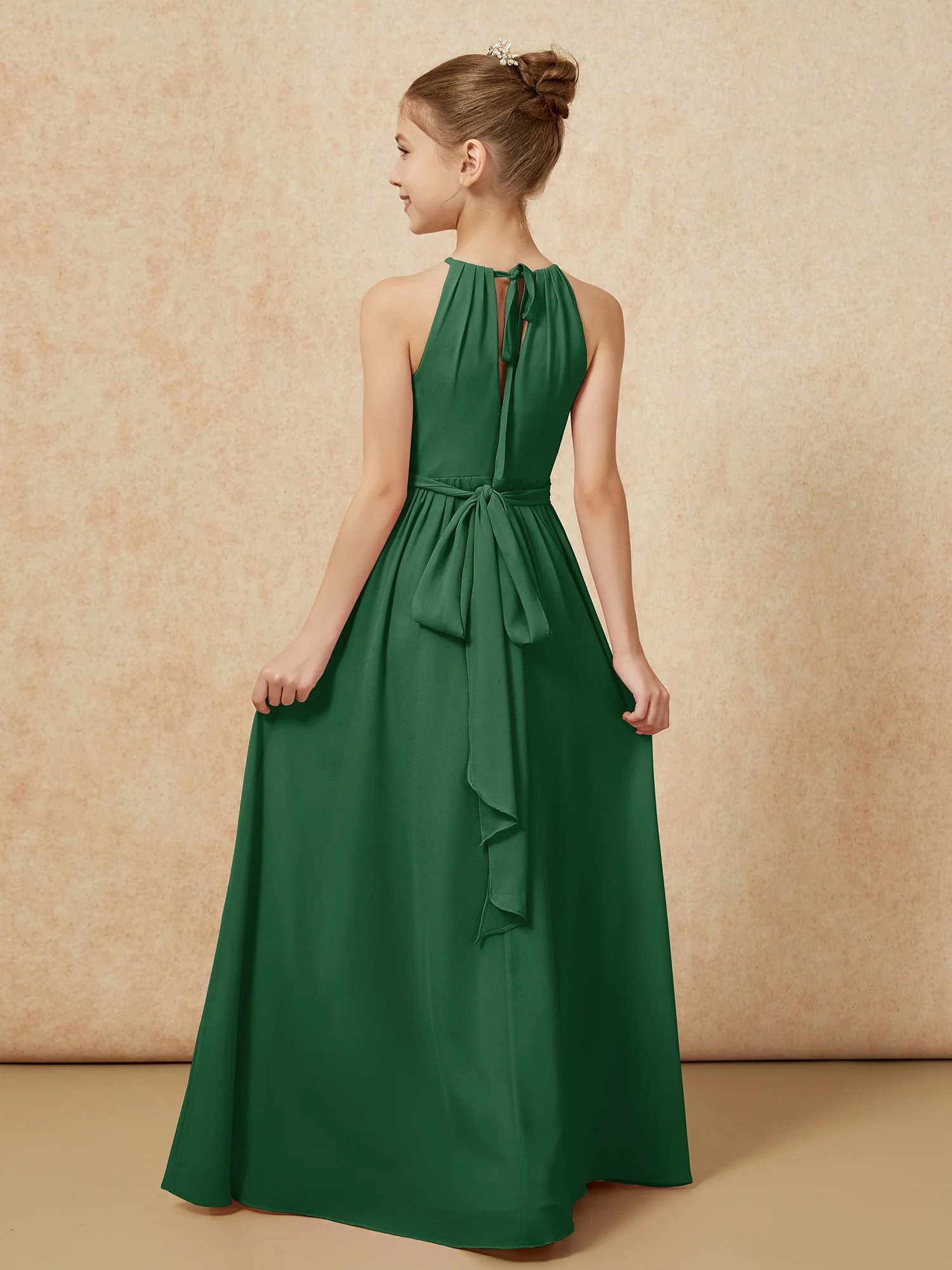 Sleeveless Pleated Long Chiffon Junior Bridesmaid Dress Dark Green - Image 2