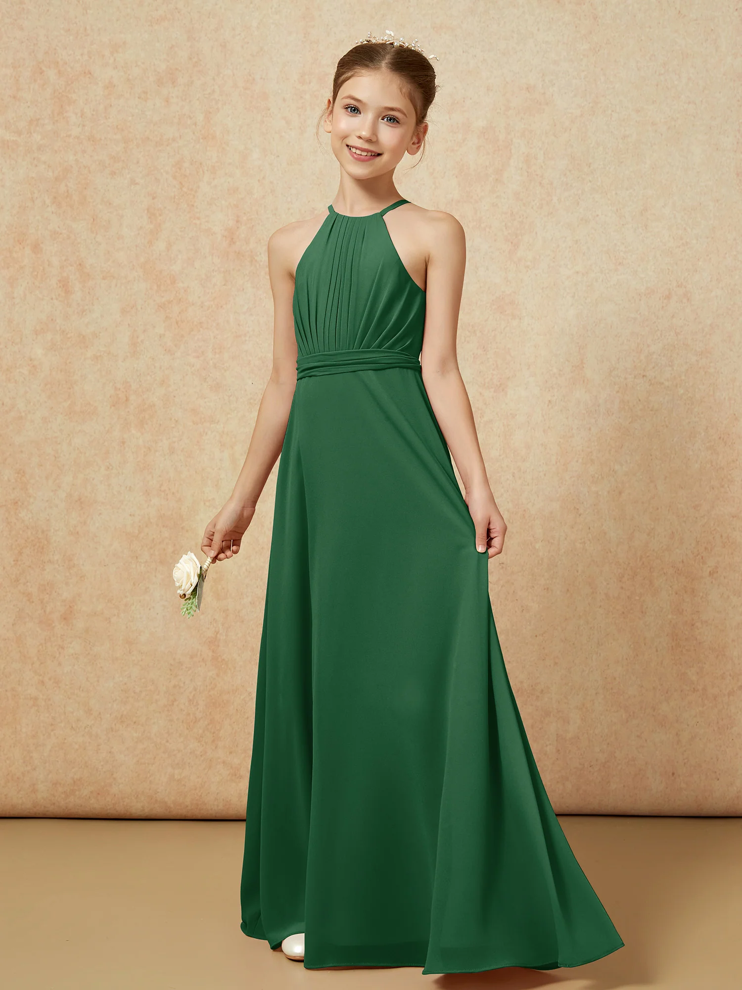Sleeveless Pleated Long Chiffon Junior Bridesmaid Dress Dark Green - Image 3