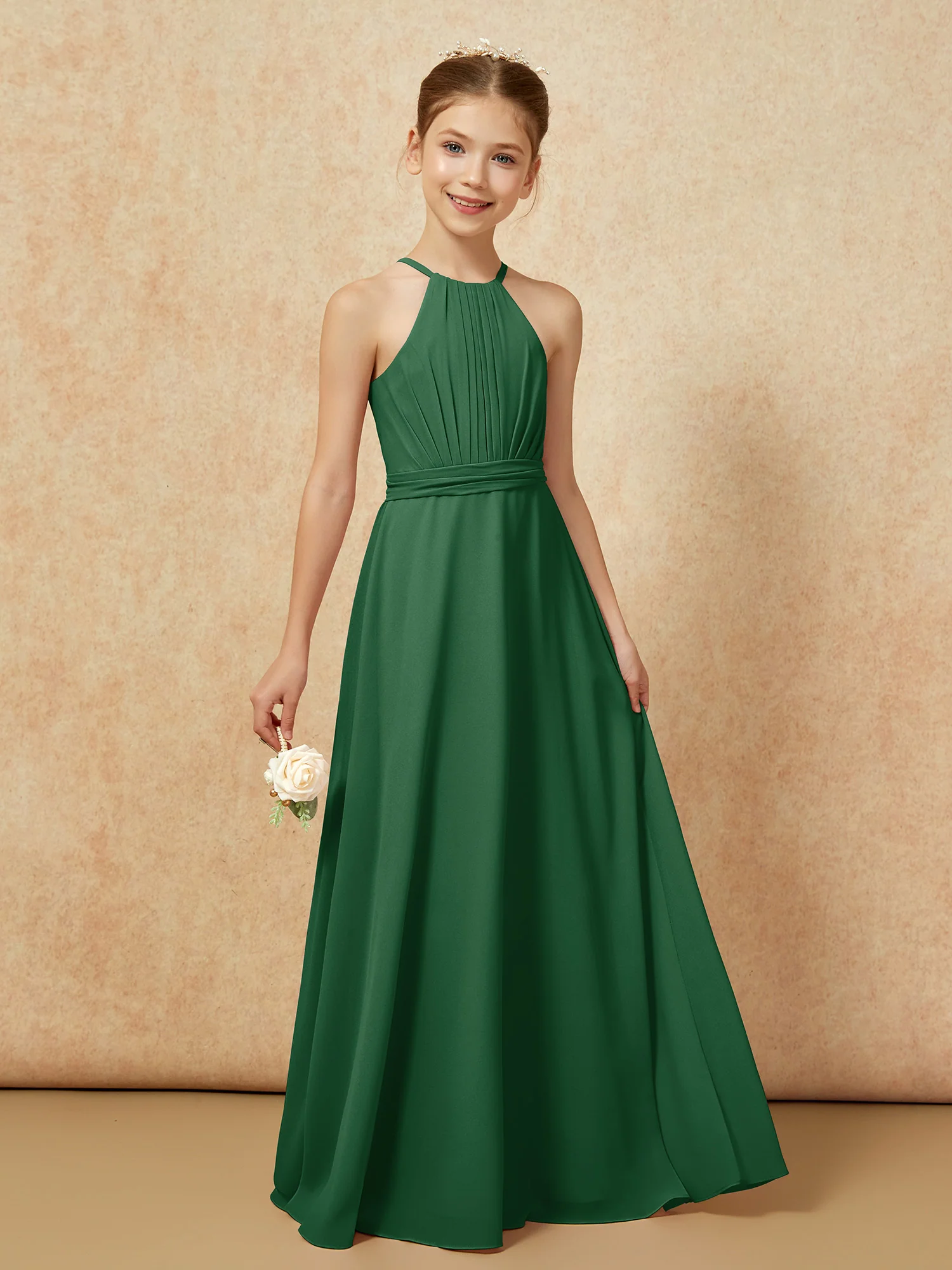 Sleeveless Pleated Long Chiffon Junior Bridesmaid Dress Dark Green - Image 6