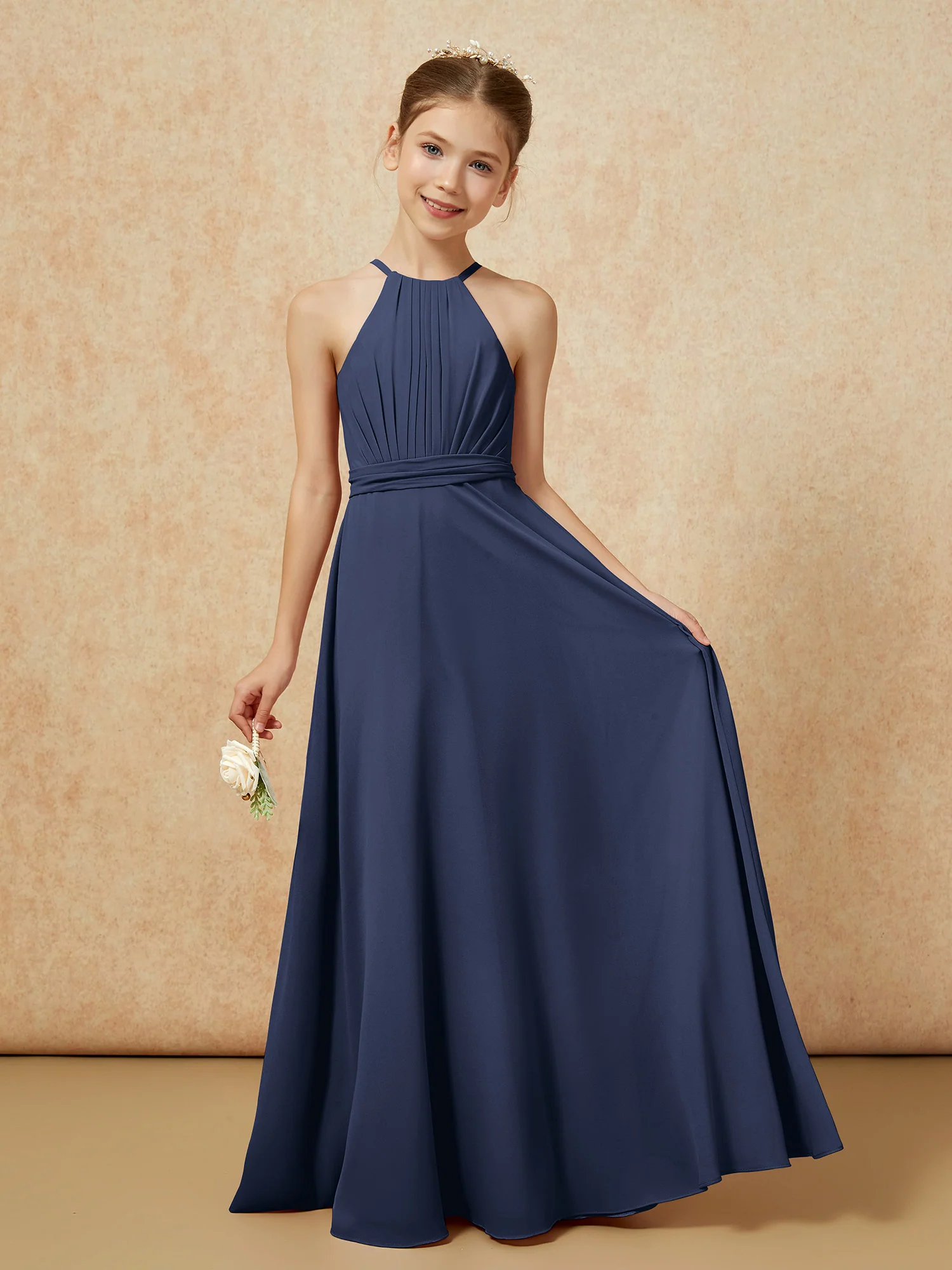 Sleeveless Pleated Long Chiffon Junior Bridesmaid Dress Dark Navy