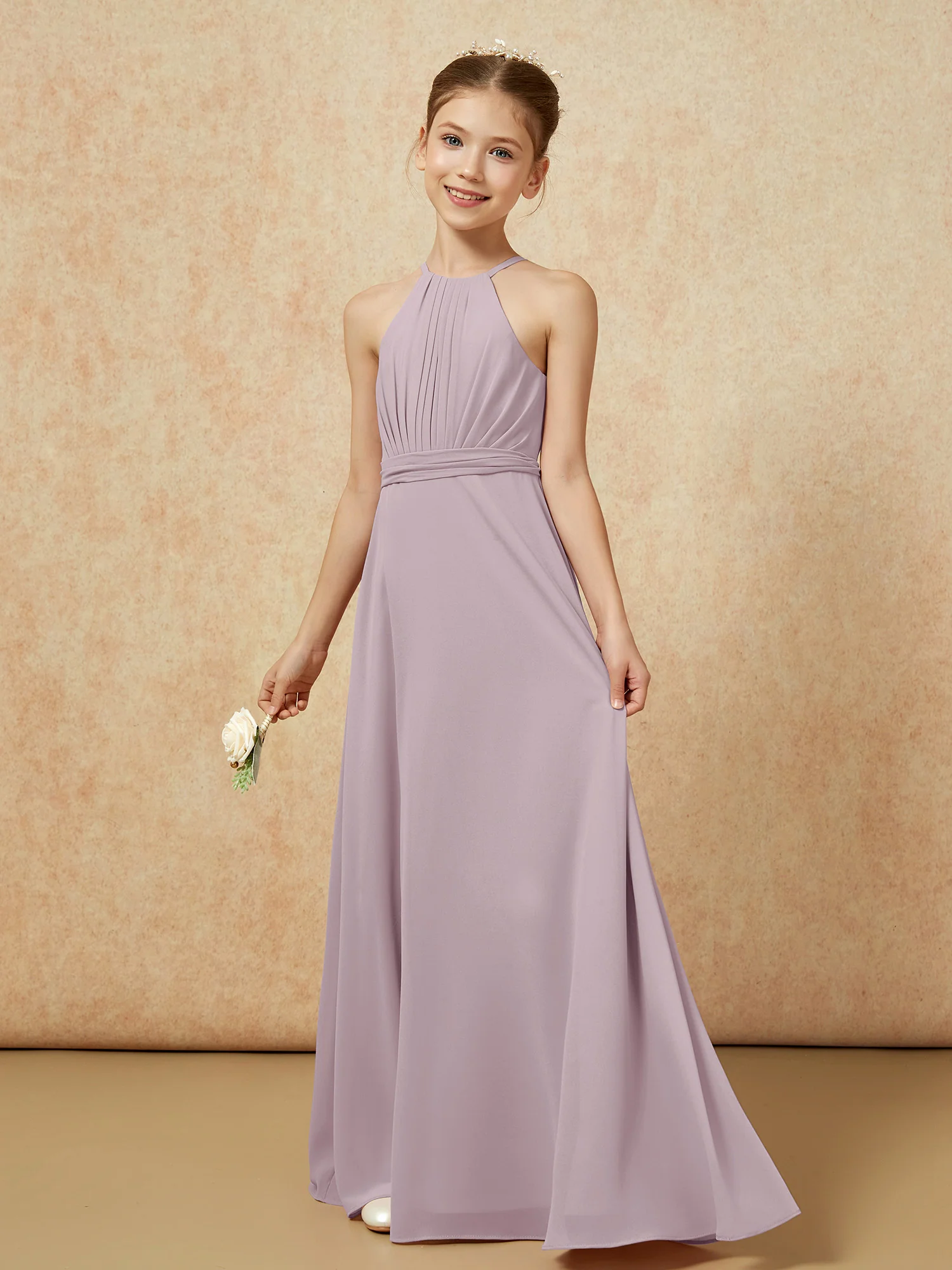 Sleeveless Pleated Long Chiffon Junior Bridesmaid Dress Dusk - Image 3