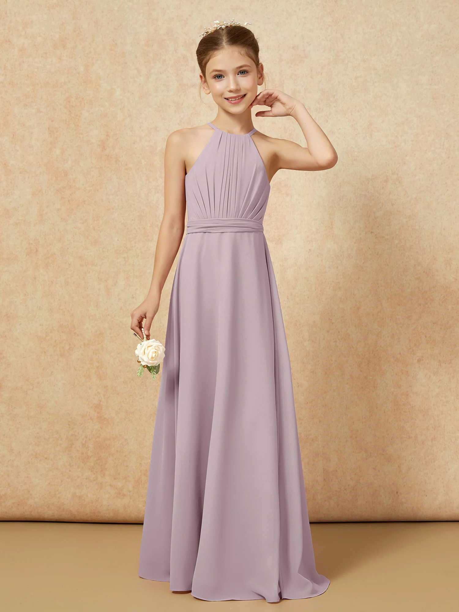 Sleeveless Pleated Long Chiffon Junior Bridesmaid Dress Dusk - Image 5