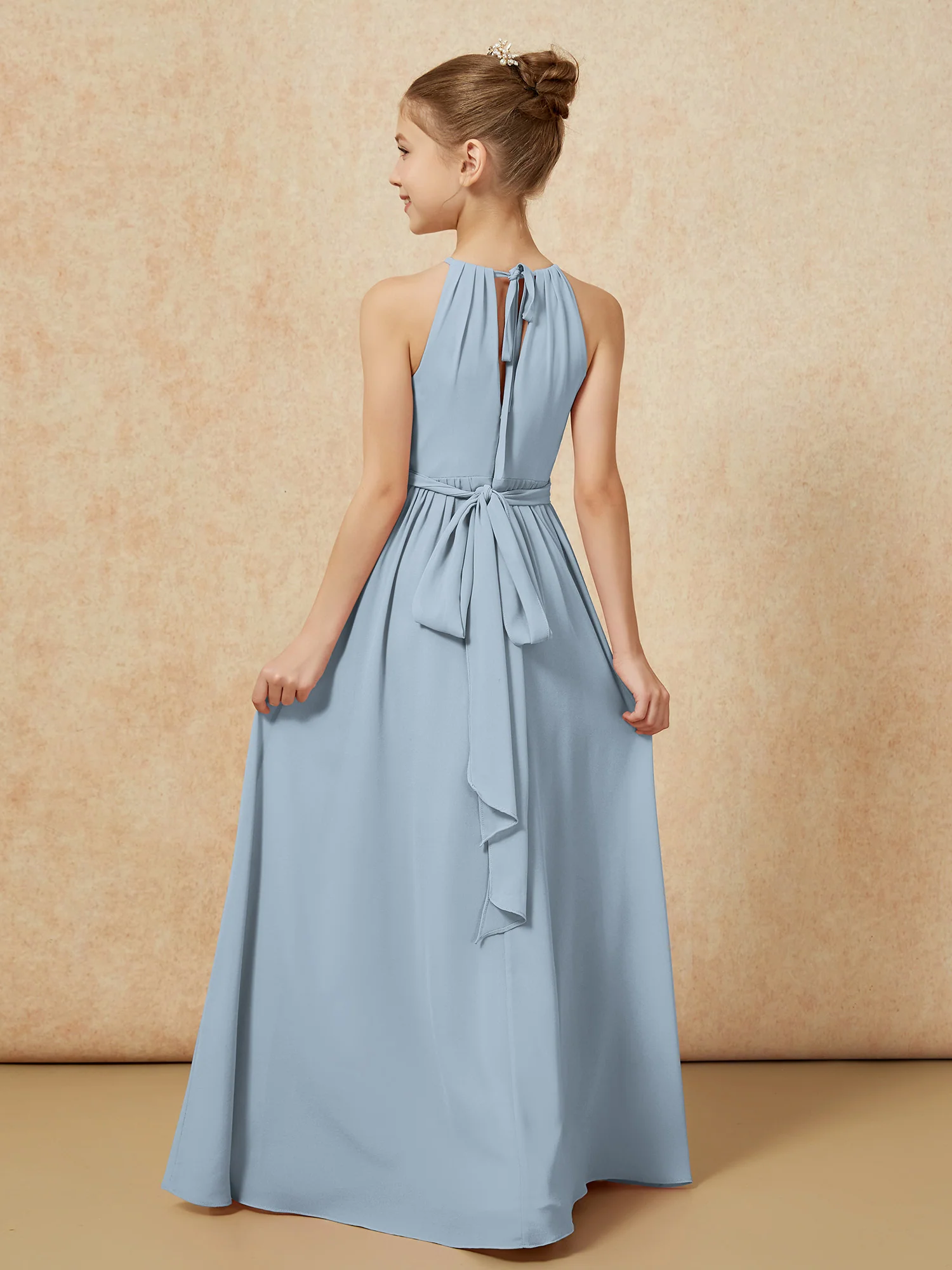 Sleeveless Pleated Long Chiffon Junior Bridesmaid Dress Dusty Blue - Image 2