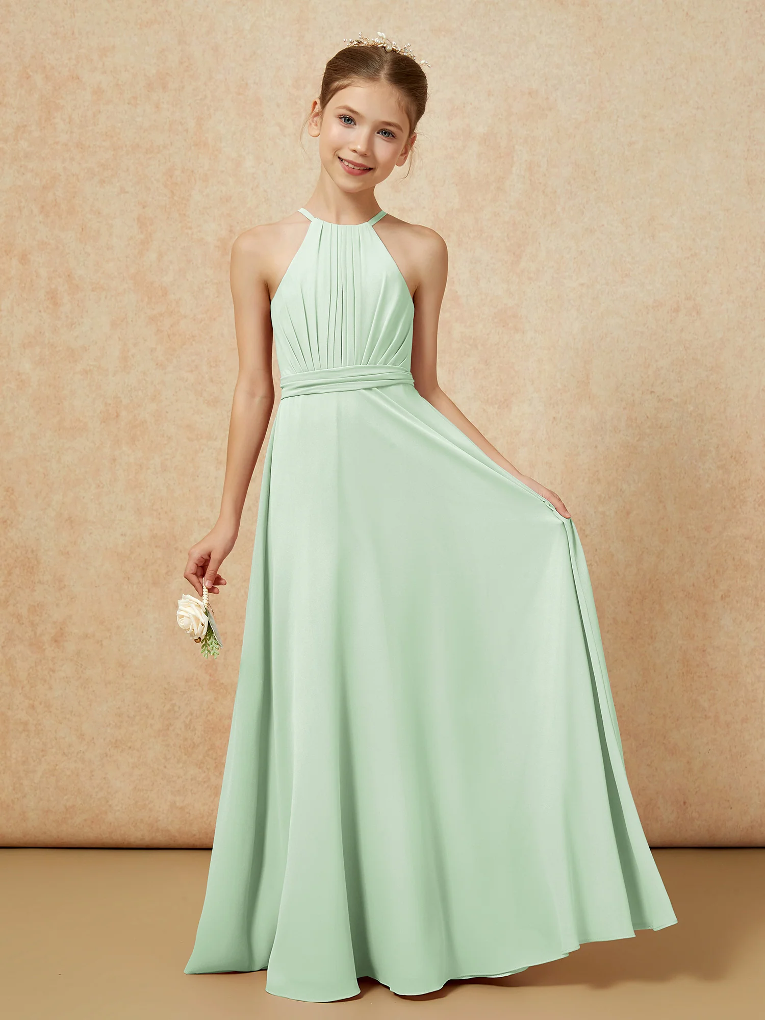 Sleeveless Pleated Long Chiffon Junior Bridesmaid Dress Dusty Sage