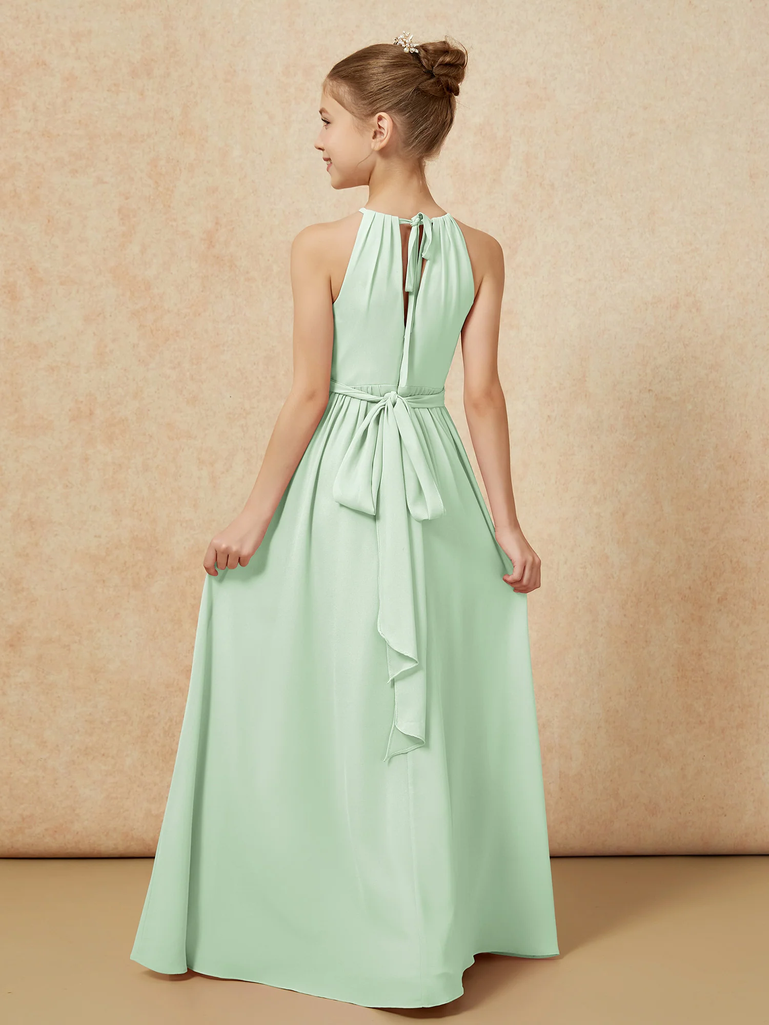 Sleeveless Pleated Long Chiffon Junior Bridesmaid Dress Dusty Sage - Image 2