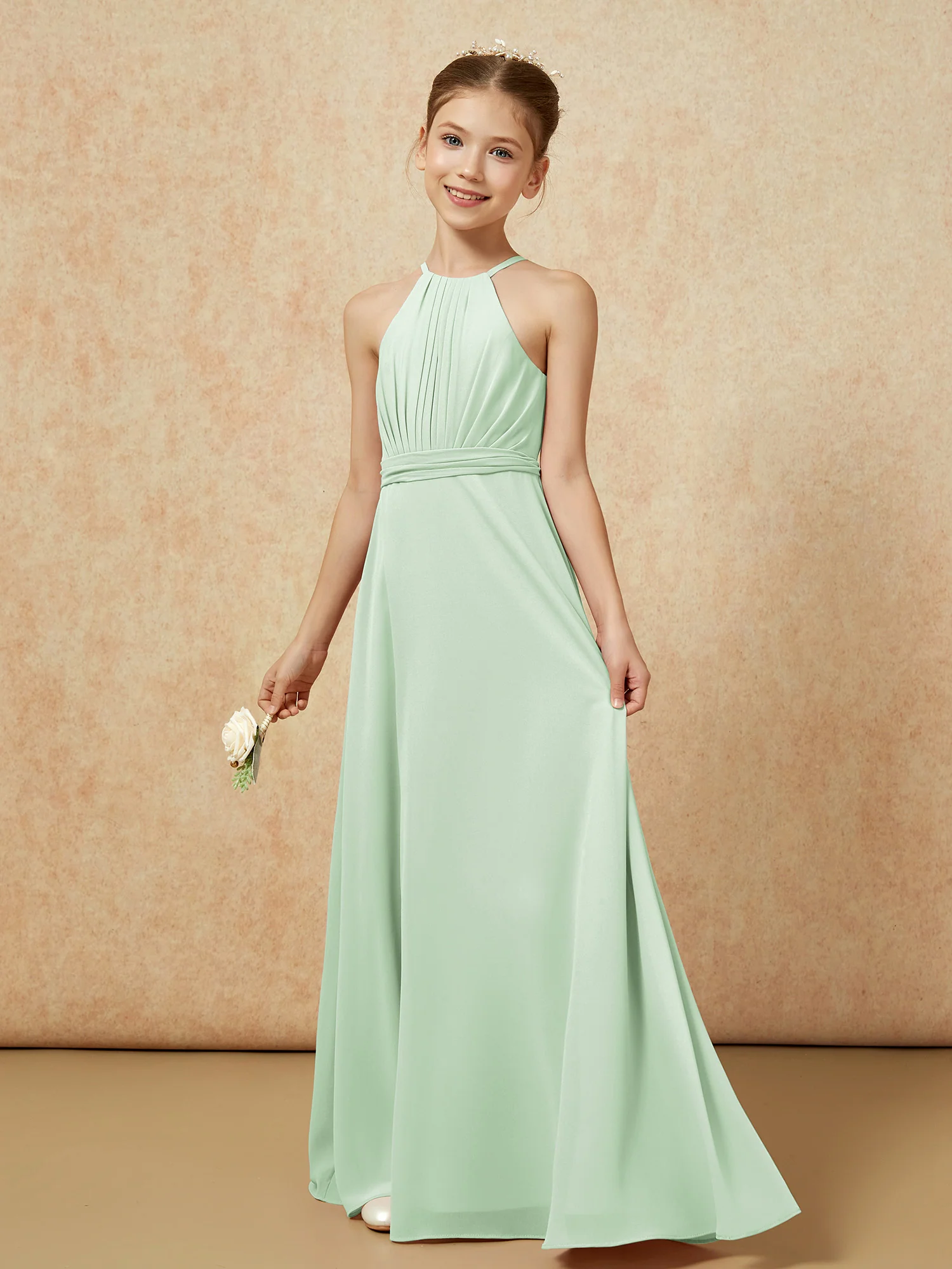 Sleeveless Pleated Long Chiffon Junior Bridesmaid Dress Dusty Sage - Image 3