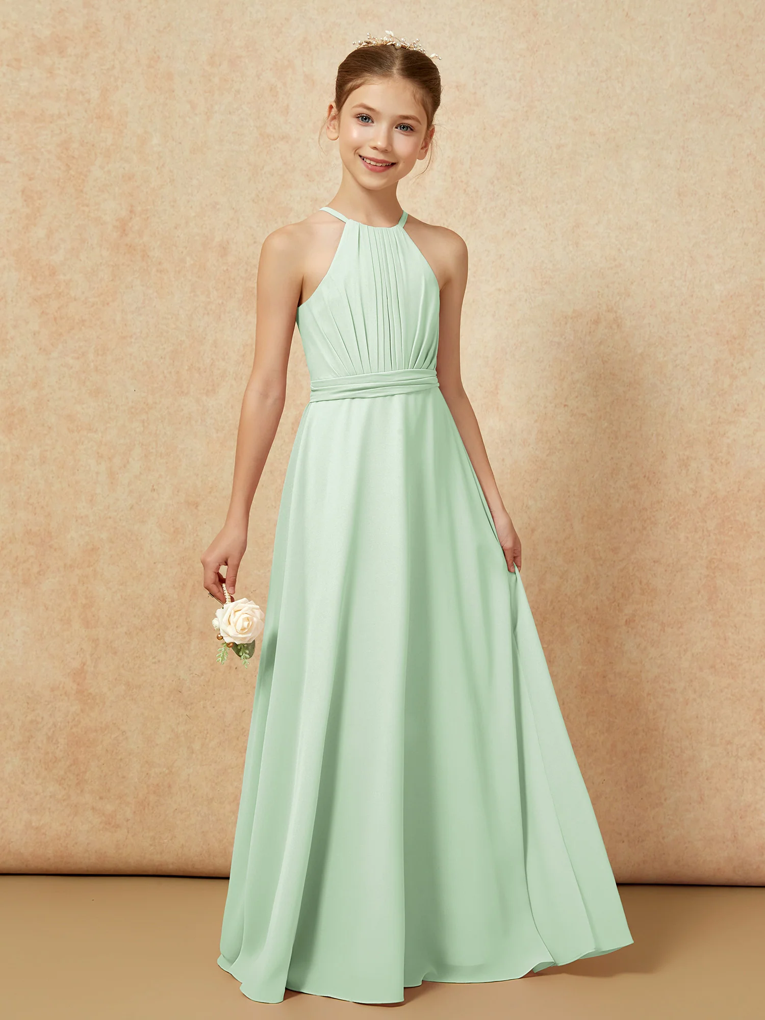 Sleeveless Pleated Long Chiffon Junior Bridesmaid Dress Dusty Sage - Image 6