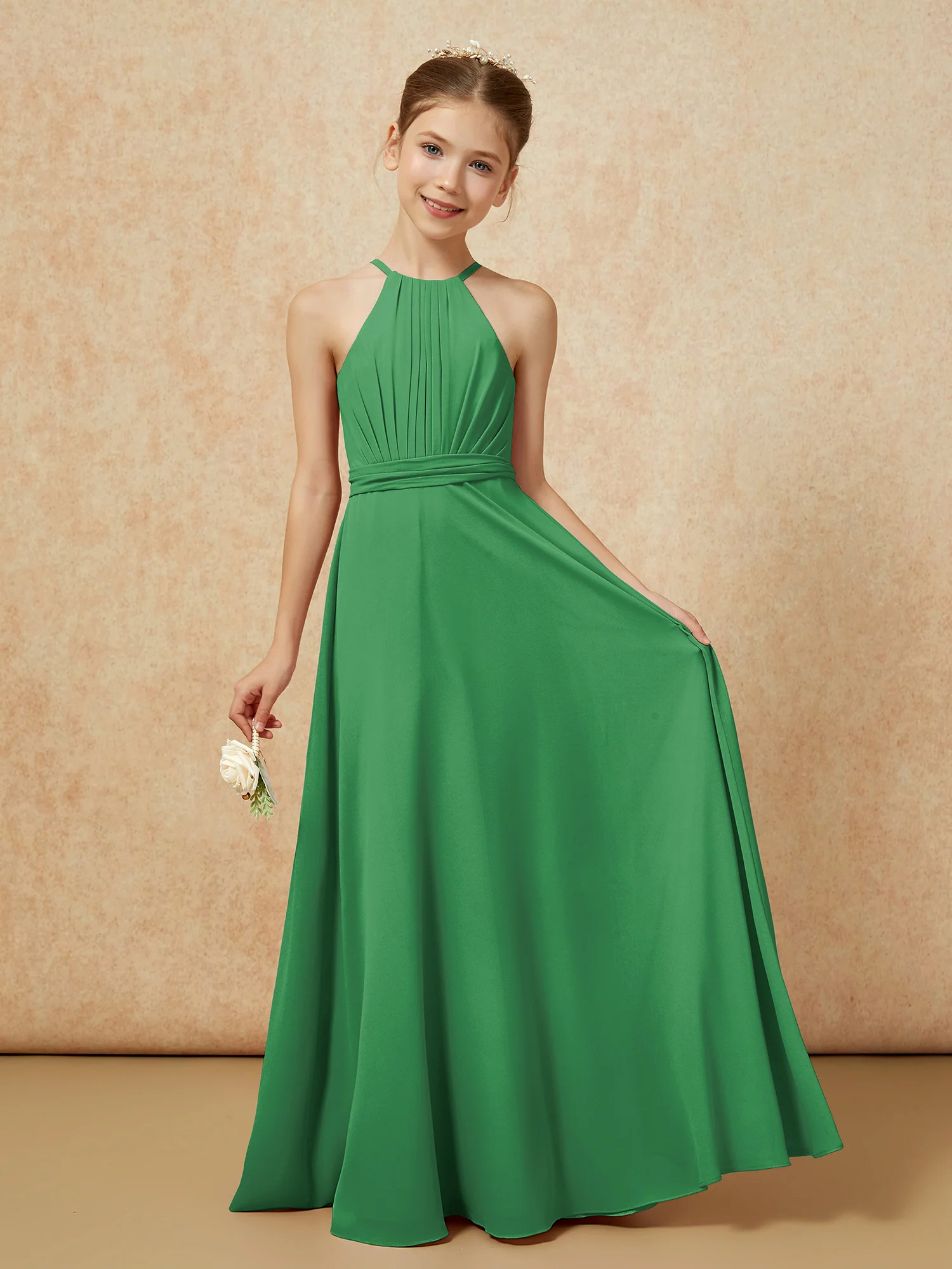 Sleeveless Pleated Long Chiffon Junior Bridesmaid Dress Emerald