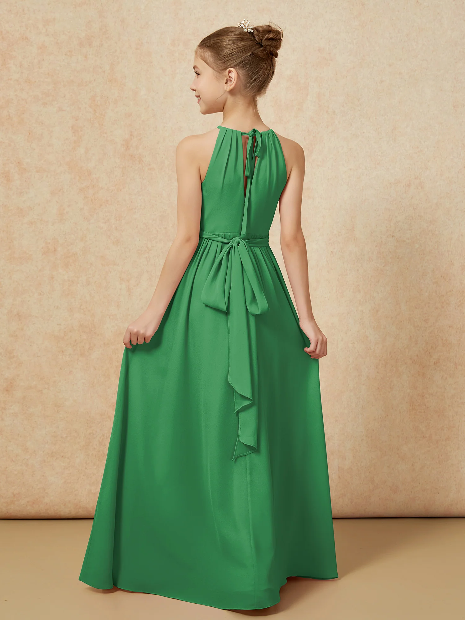 Sleeveless Pleated Long Chiffon Junior Bridesmaid Dress Emerald - Image 2
