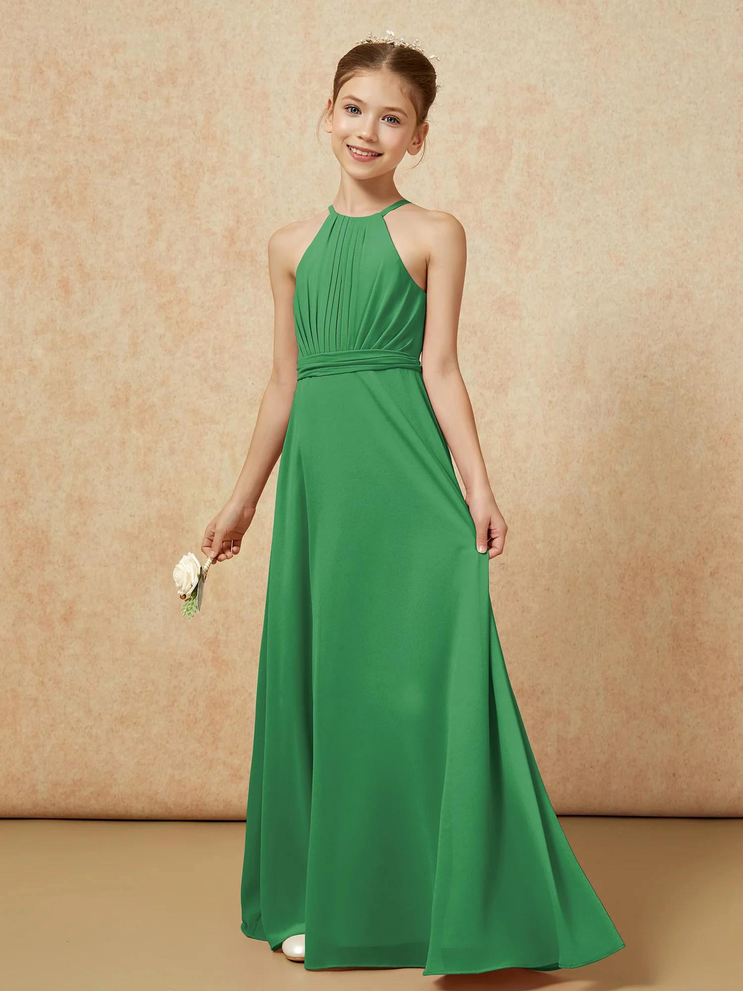 Sleeveless Pleated Long Chiffon Junior Bridesmaid Dress Emerald - Image 3