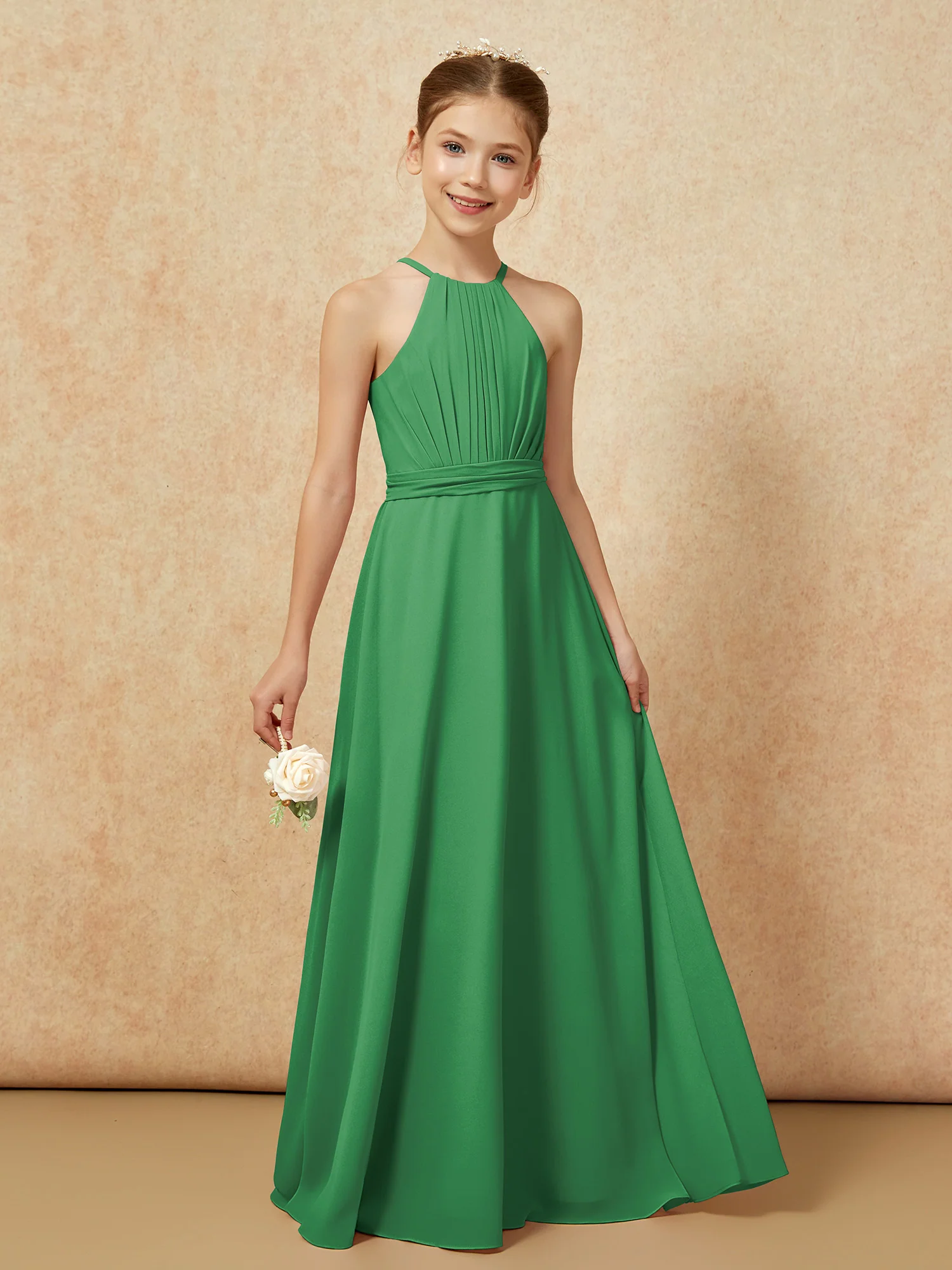 Sleeveless Pleated Long Chiffon Junior Bridesmaid Dress Emerald - Image 6