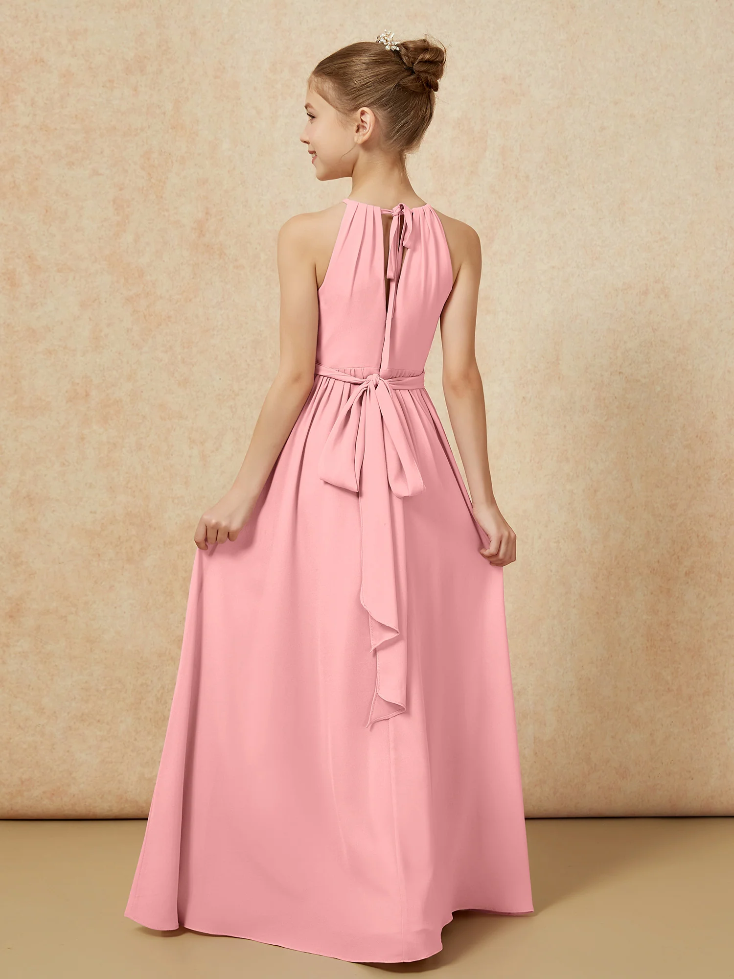 Sleeveless Pleated Long Chiffon Junior Bridesmaid Dress Flamingo - Image 2