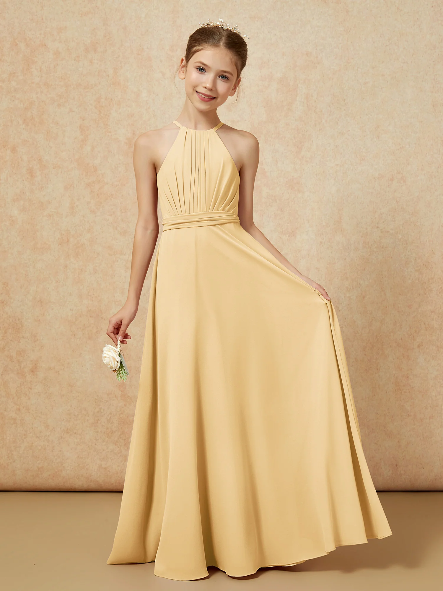 Sleeveless Pleated Long Chiffon Junior Bridesmaid Dress Gold