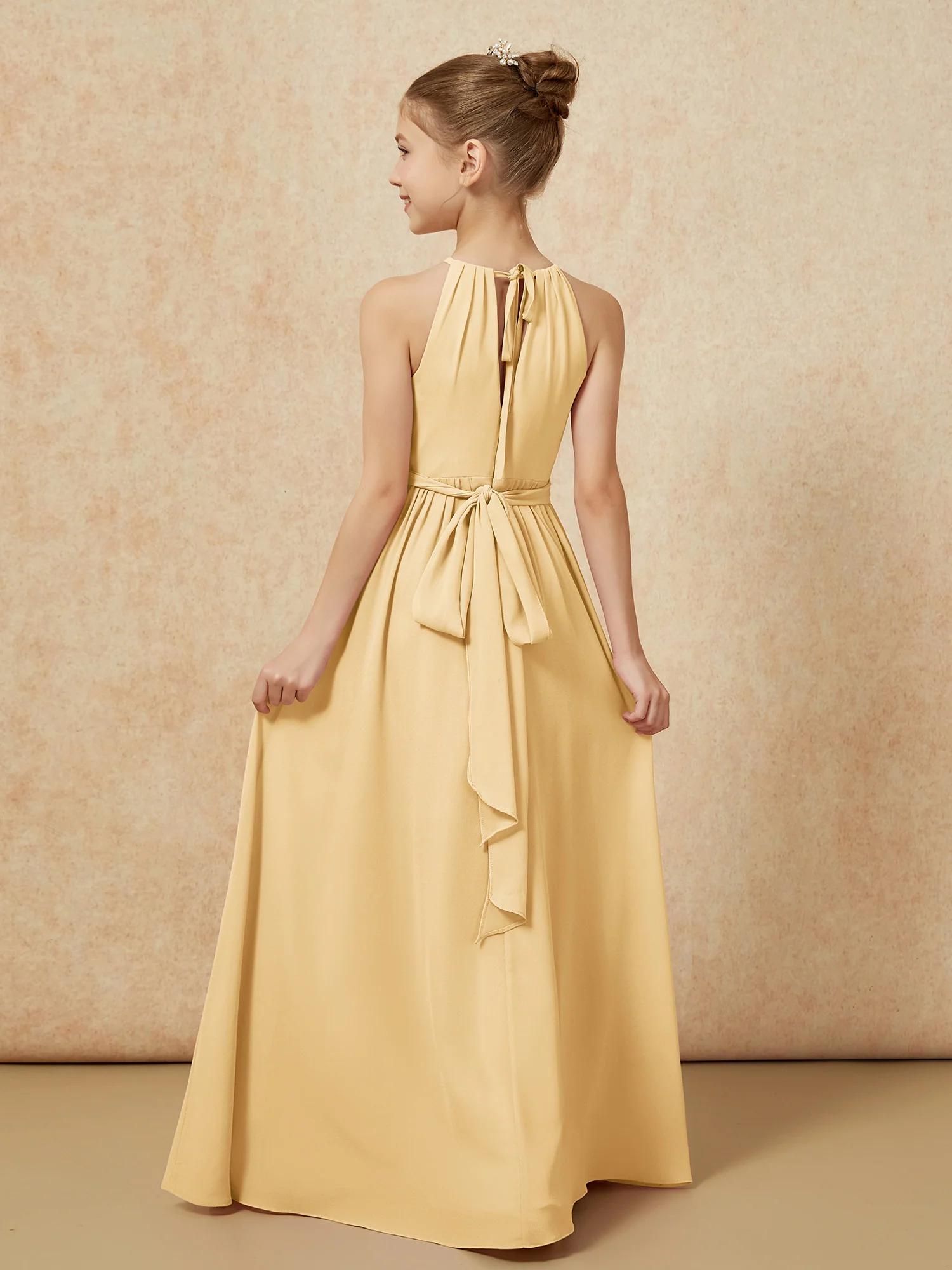 Sleeveless Pleated Long Chiffon Junior Bridesmaid Dress Gold - Image 2
