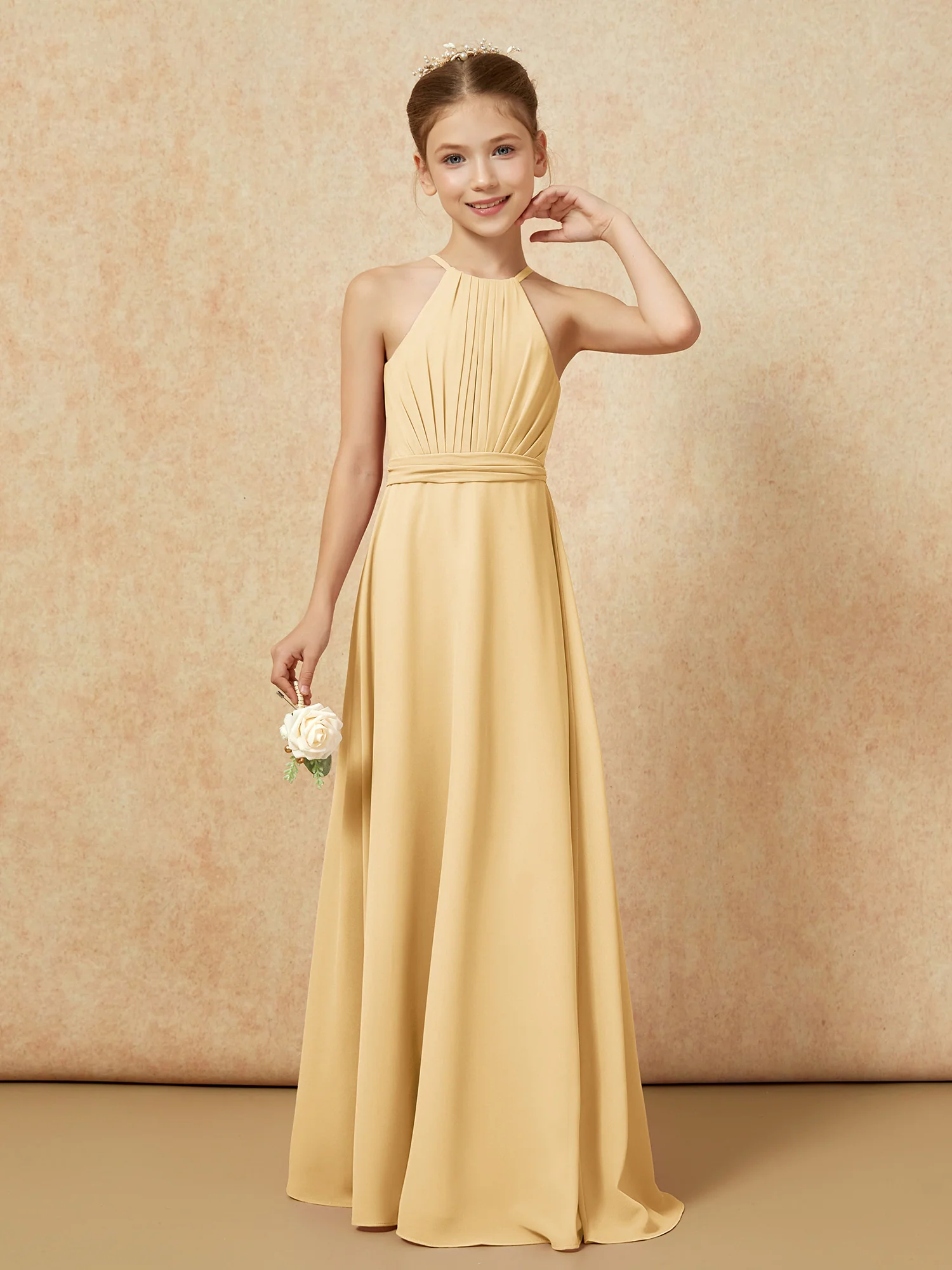 Sleeveless Pleated Long Chiffon Junior Bridesmaid Dress Gold - Image 5