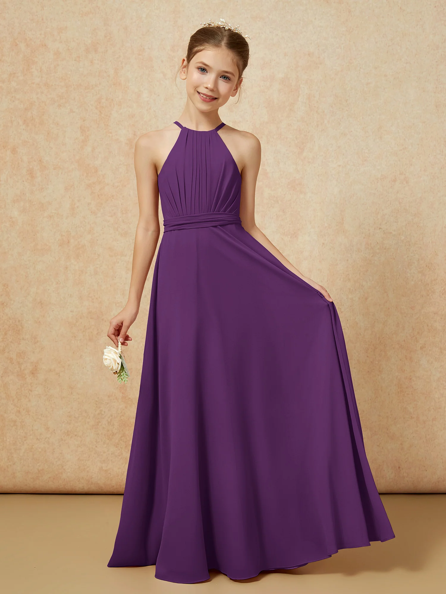 Sleeveless Pleated Long Chiffon Junior Bridesmaid Dress Grape