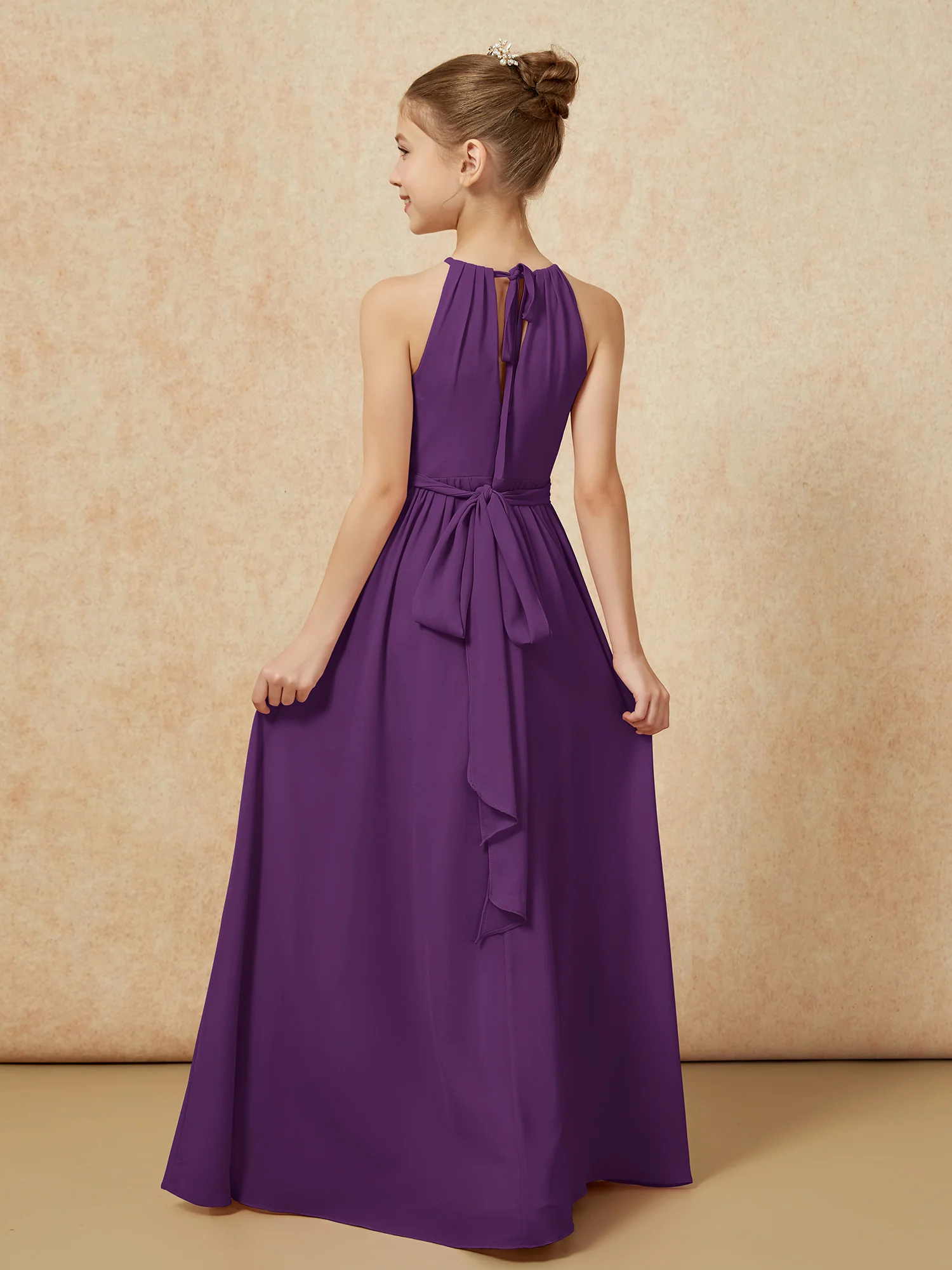 Sleeveless Pleated Long Chiffon Junior Bridesmaid Dress Grape - Image 2