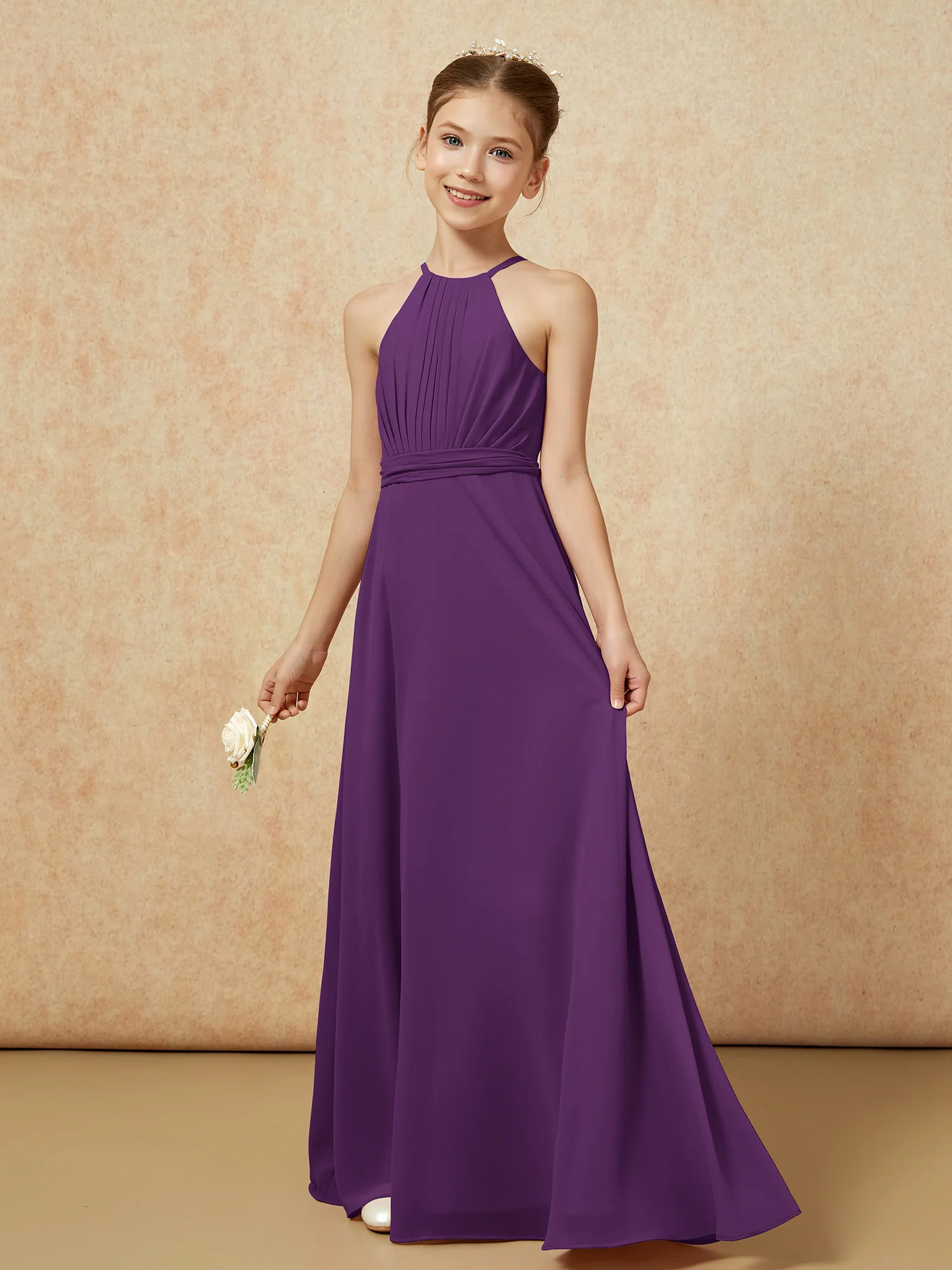 Sleeveless Pleated Long Chiffon Junior Bridesmaid Dress Grape - Image 3