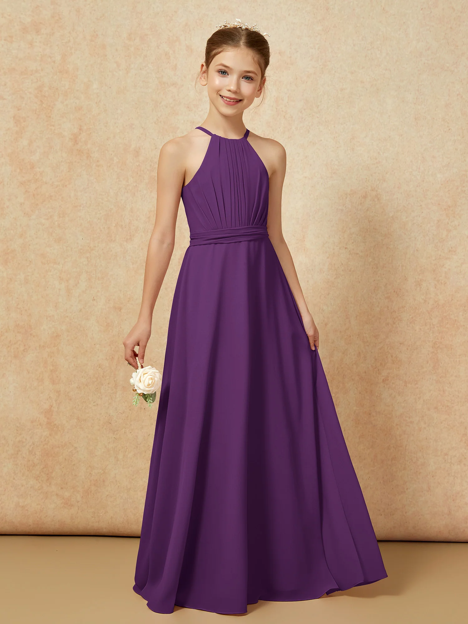 Sleeveless Pleated Long Chiffon Junior Bridesmaid Dress Grape - Image 6