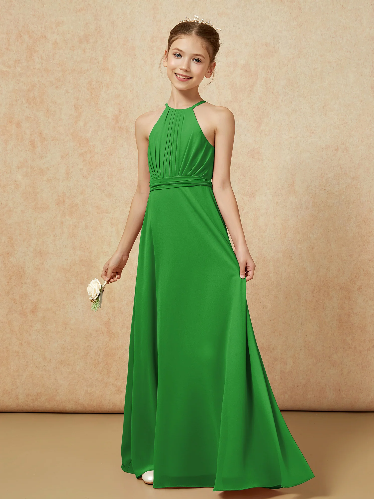 Sleeveless Pleated Long Chiffon Junior Bridesmaid Dress Green - Image 3