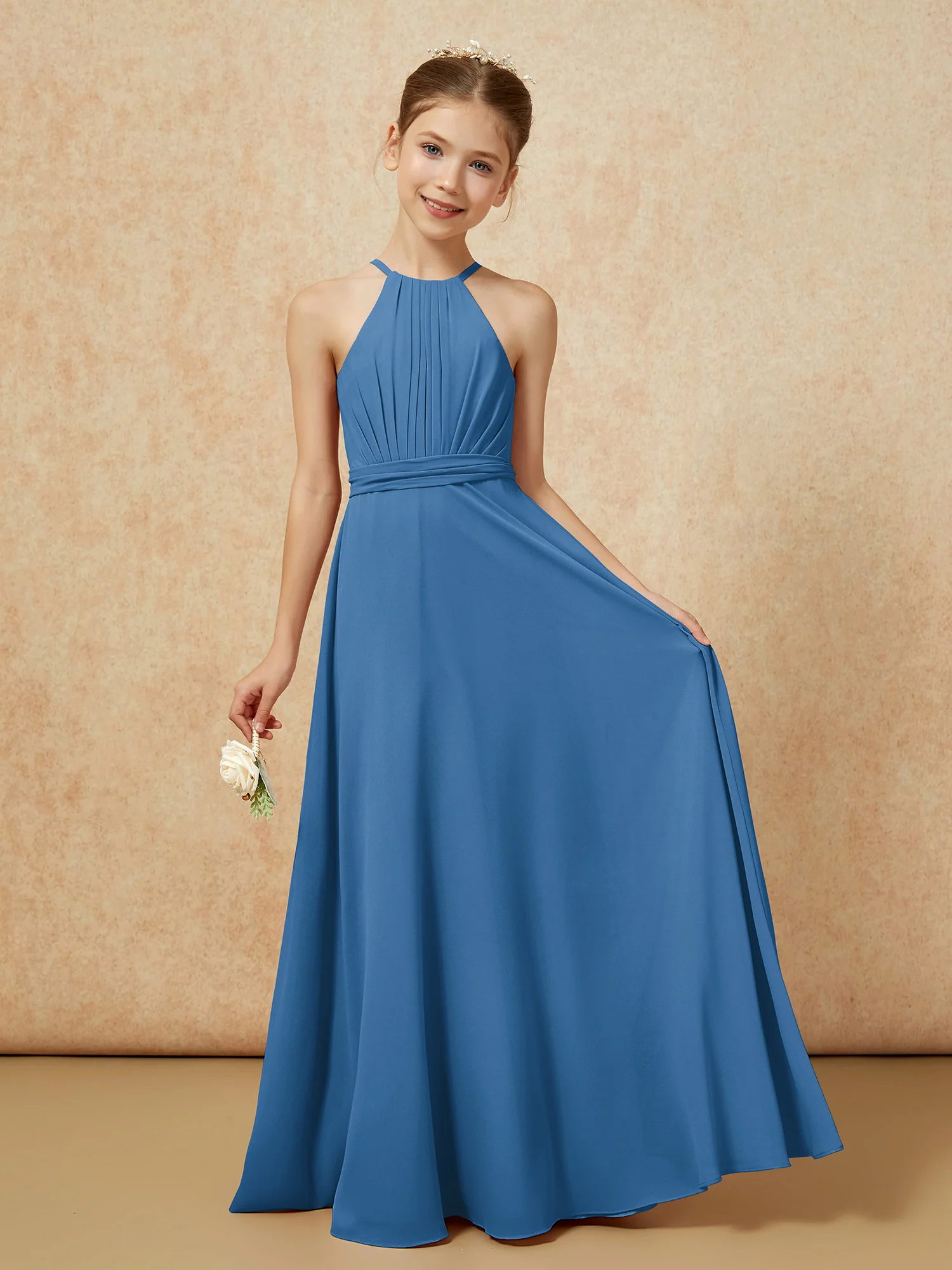 Sleeveless Pleated Long Chiffon Junior Bridesmaid Dress Ink Blue
