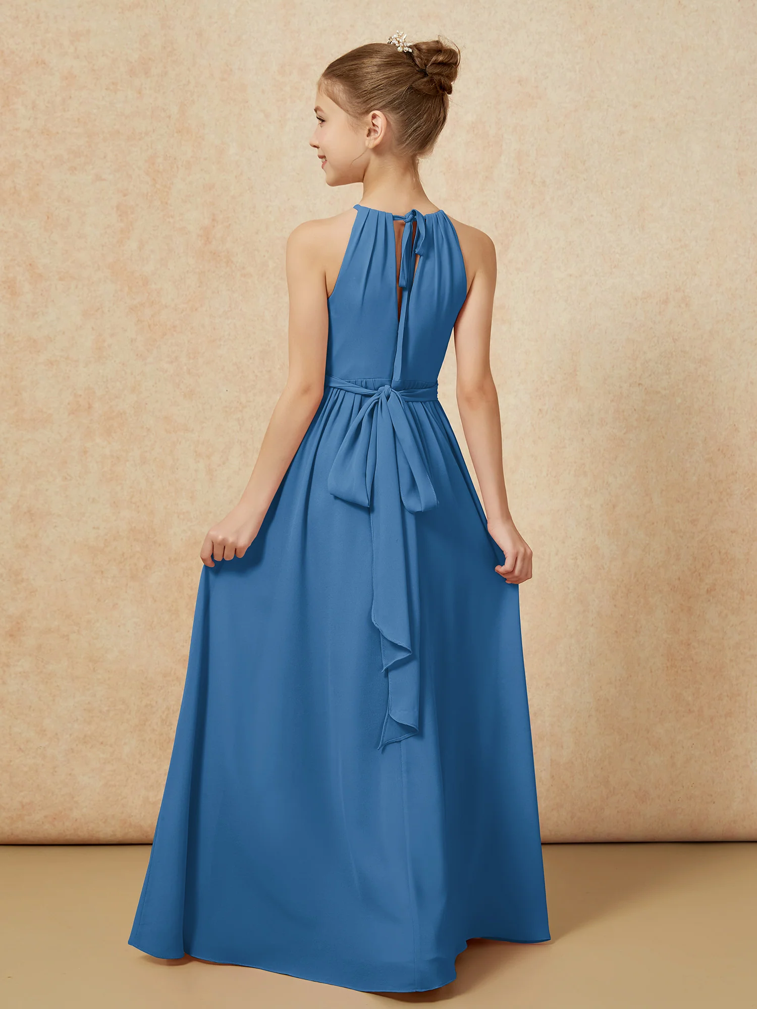 Sleeveless Pleated Long Chiffon Junior Bridesmaid Dress Ink Blue - Image 2