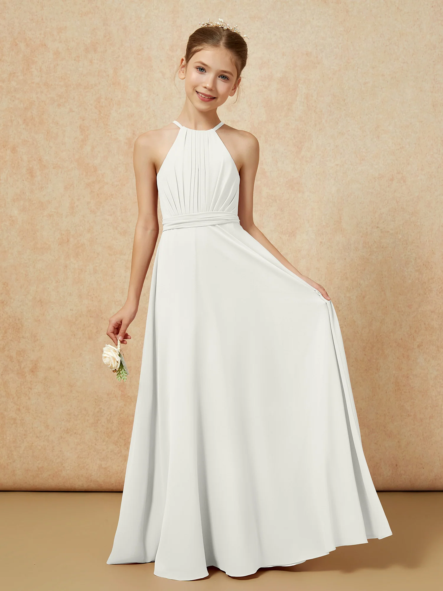 Sleeveless Pleated Long Chiffon Junior Bridesmaid Dress Ivory